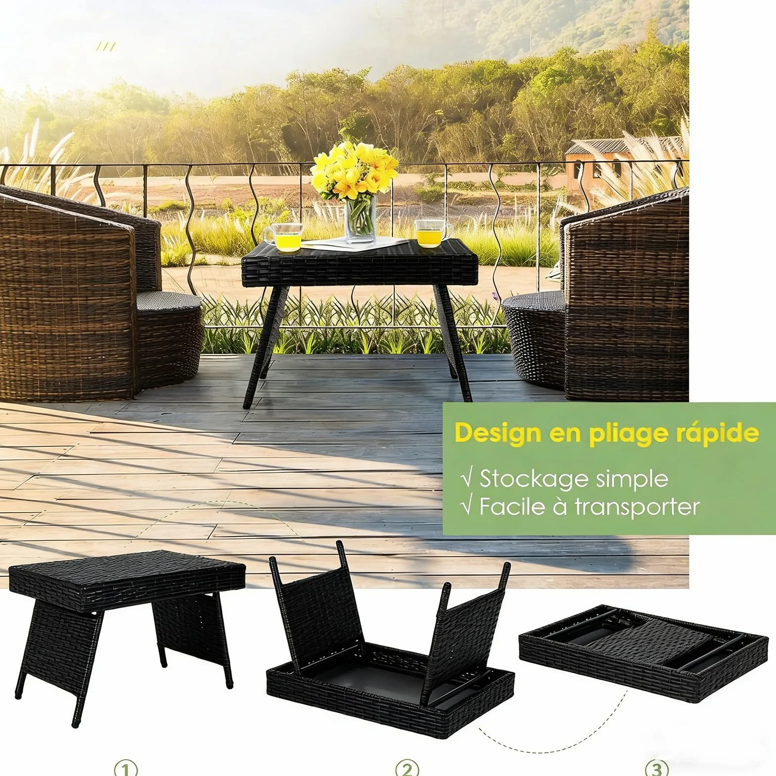LIFEZEAL Tavolino da salotto pieghevole in rattan, tavolino da esterno con struttura in acciaio 60 x 40 x 40 cm, tavolo da giardino con capacità di carico di 45 kg (nero)