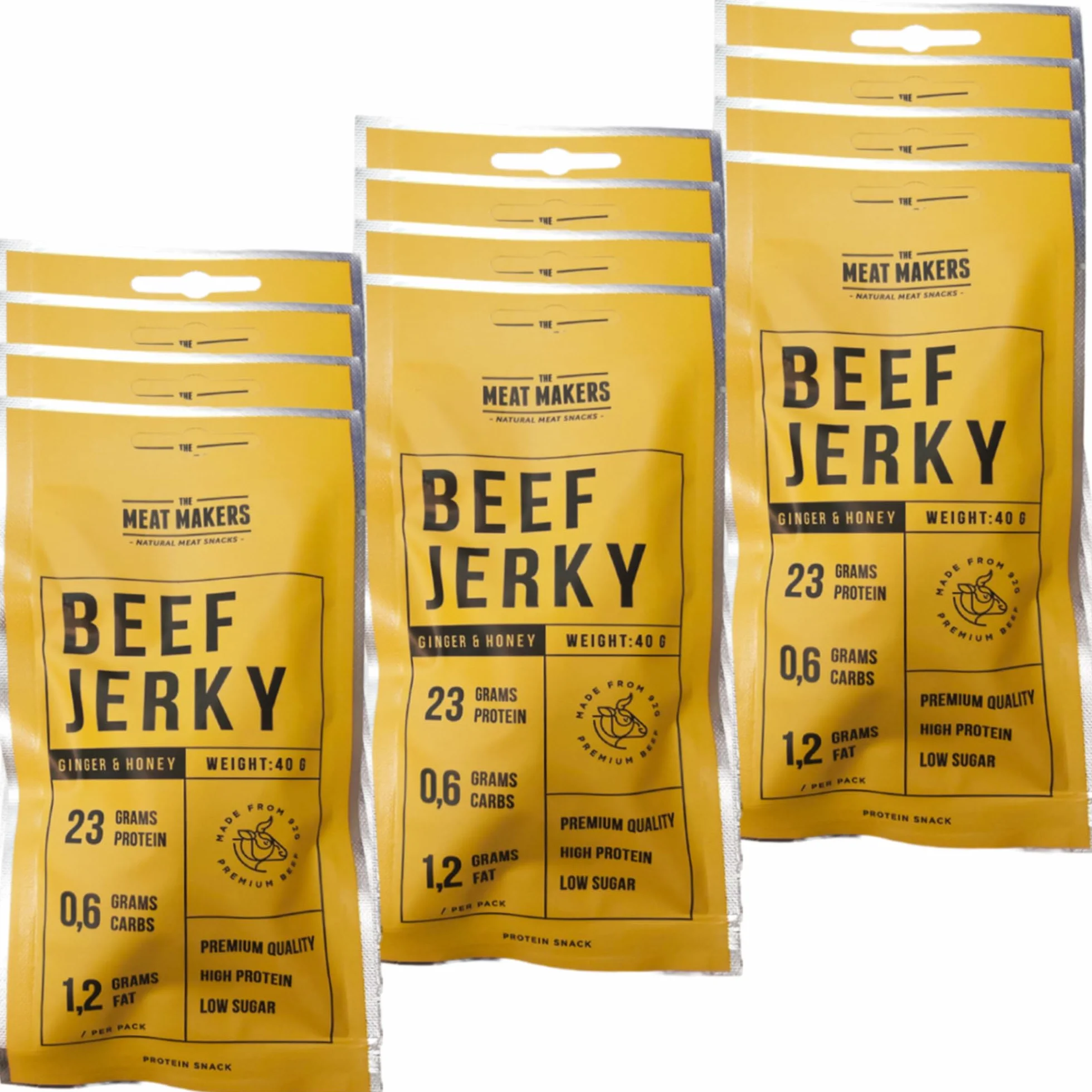 THE MEAT MAKERS High Protein Snack Ginger & Honey Beef Jerky Sport Snack 480g (12x40g) Manzo Jerky Snack ad alto contenuto proteico - Snack di carne secca per umano a basso contenuto calorico
