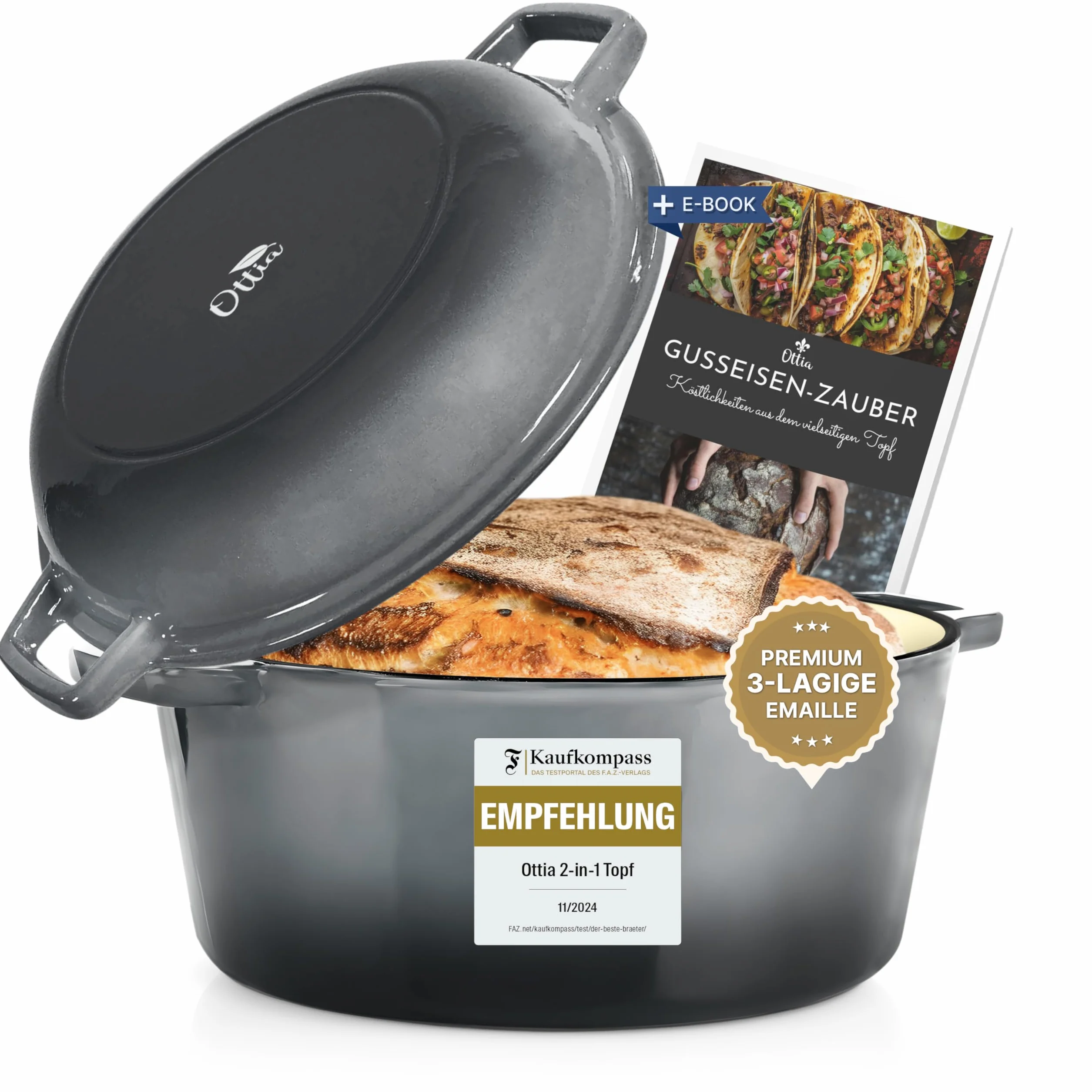 Ottia Pentola in ghisa, 26 cm, coperchio come padella, smalto di alta qualità, casseruola in ghisa, forno olandese, teglia per pane, tutti i piani cottura (anche a induzione), adatta al forno