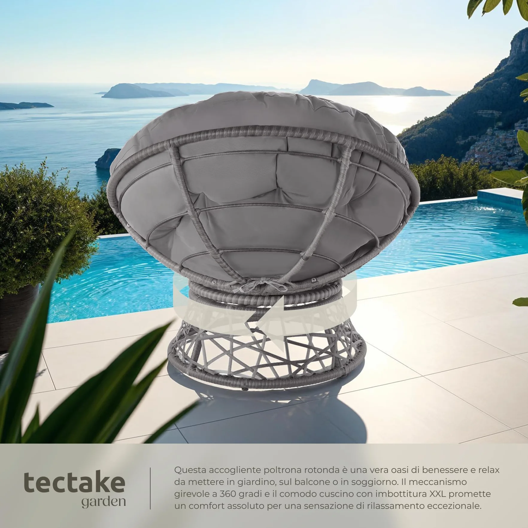 tectake®, Poltrona Rotonda in Rattan Girevole, Cuscino Confortevole, Sedia da Esterno, Giardino, Terrazzo, Stabile e Durevole, Grande Comfort, Adatta per Balcone e Giardino - Grigio