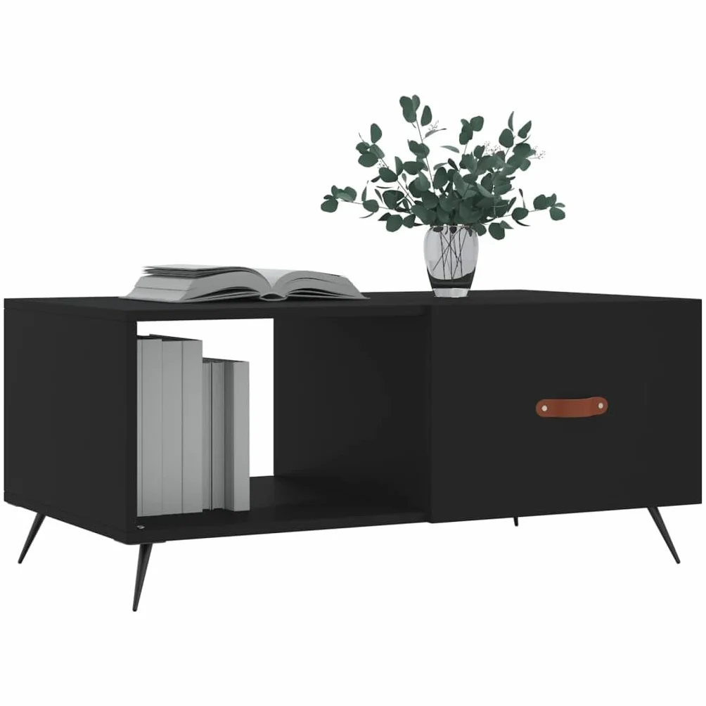 Tavolino nero con vano portaoggetti e porta in legno resistente con superficie liscia e gambe in ferro, 90 x 50 x 40 cm, elegante tavolino da salotto