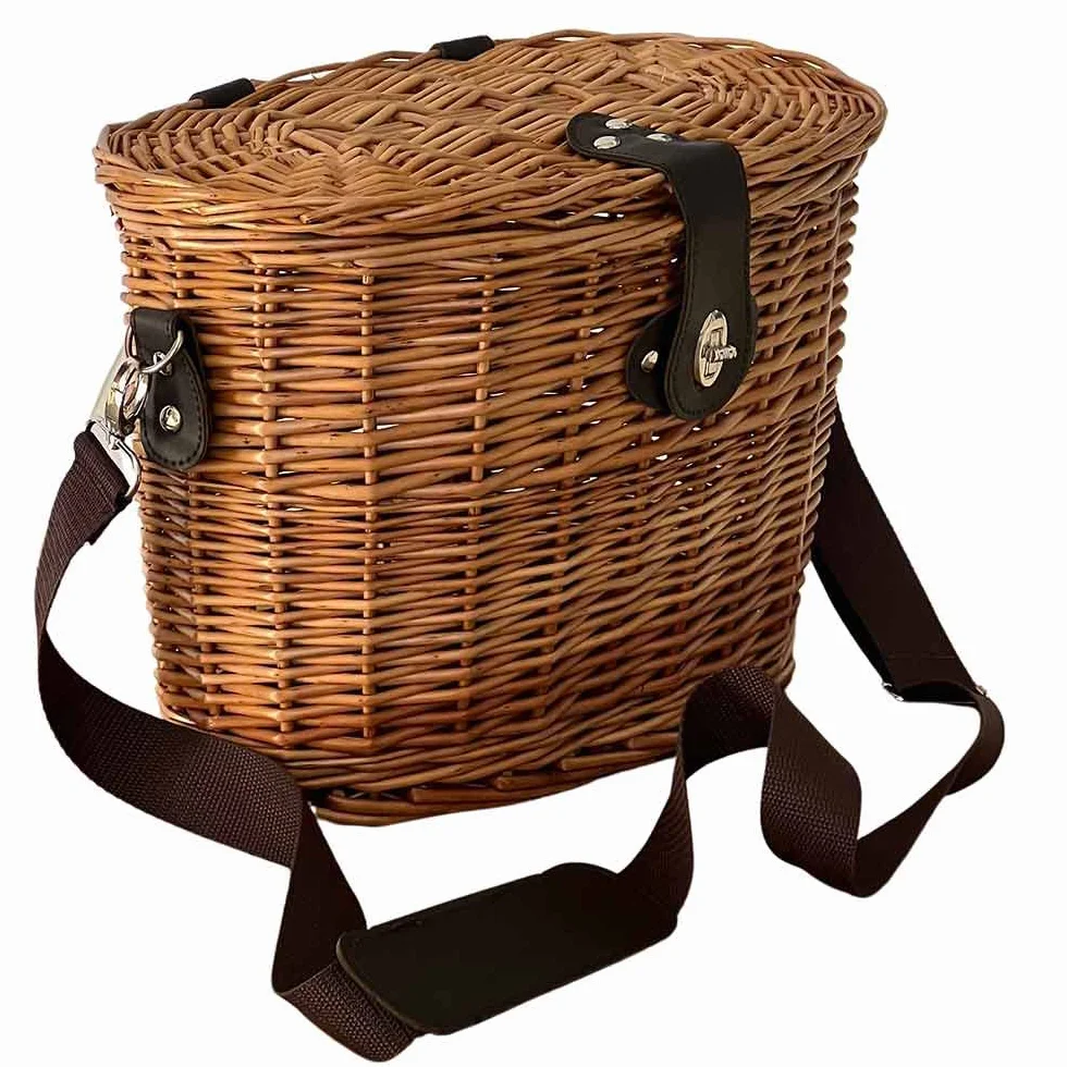 Cesto Funghi Vimini Ovale con Tracolla e Chiusura Metallo 34×20×h24 cm — Raccolta Castagne Tartufi Frutti di Bosco — Cestino Resistente