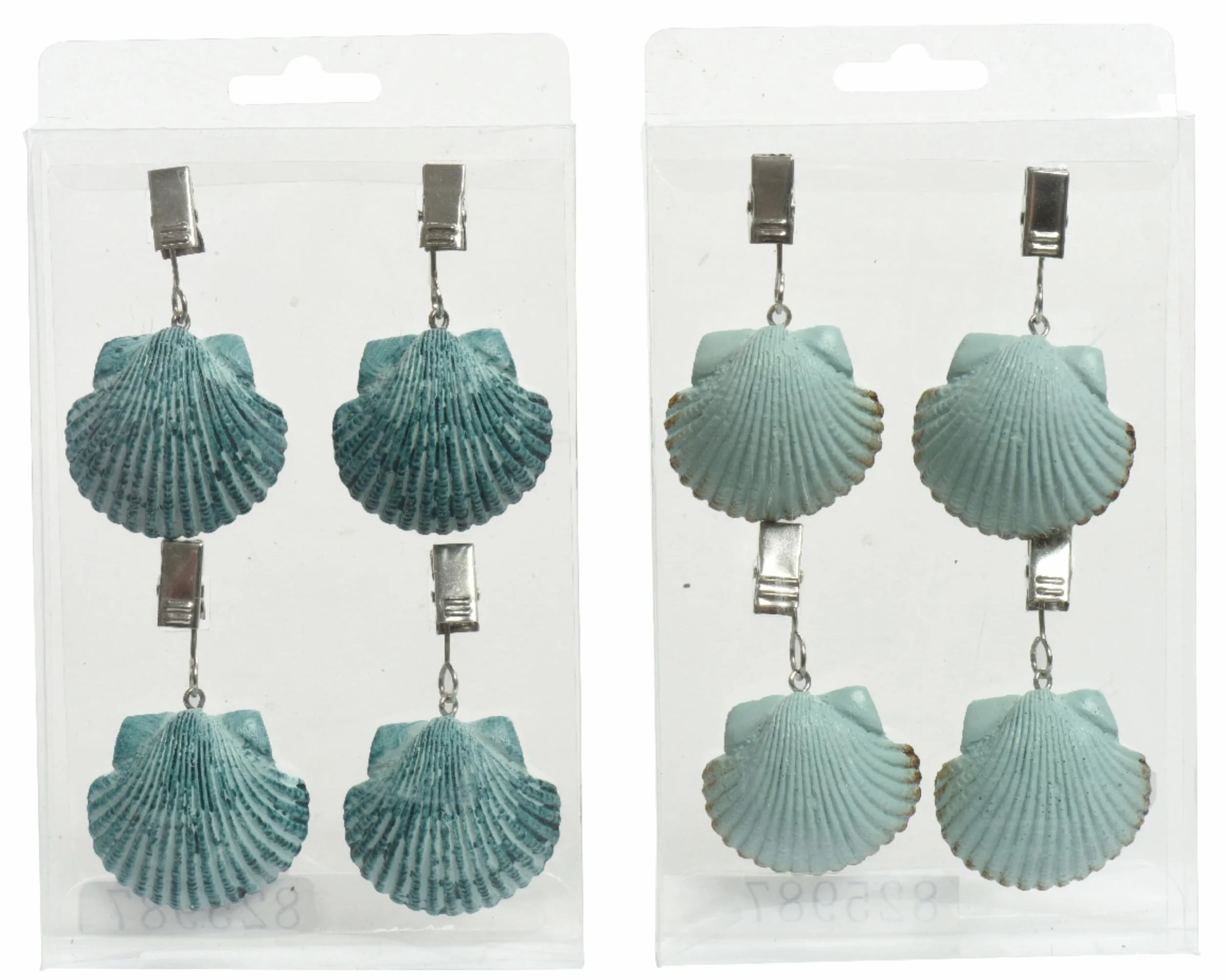 Decoris Set di 4 fermatovaglia, conchiglia, 7 x 4 x 2 cm, in ceramica, per esterni, con mollette in metallo, pesi da appesantire, tovaglia con clip