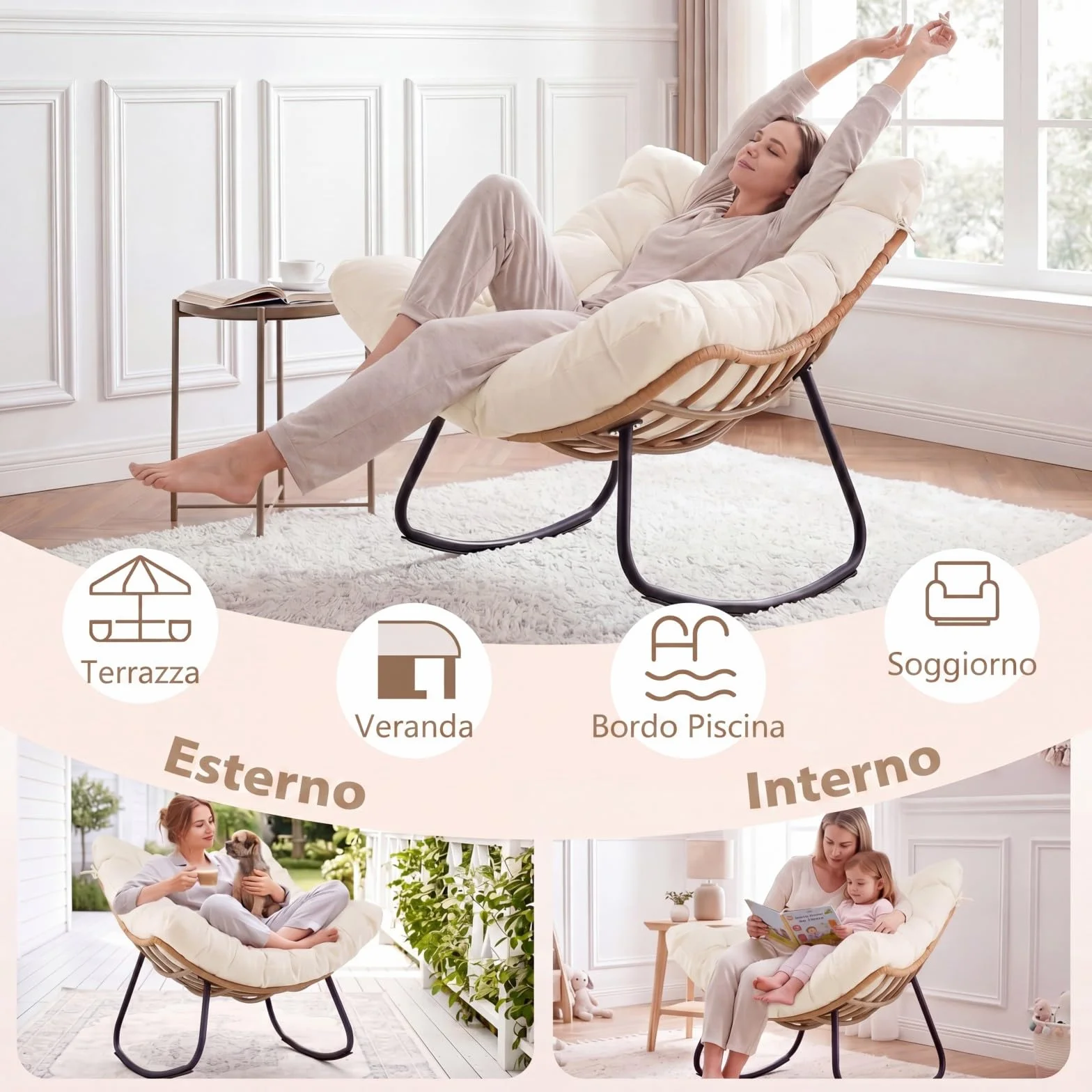 COSTWAY Sedia a Dondolo da Esterno, Poltrona in PE Vimini con Cuscino Rimovibile, Poltrona Relax in Rattan con Struttura in Metallo, per Soggiorno, Balcone, Giardino, Portata 140 kg (Beige)