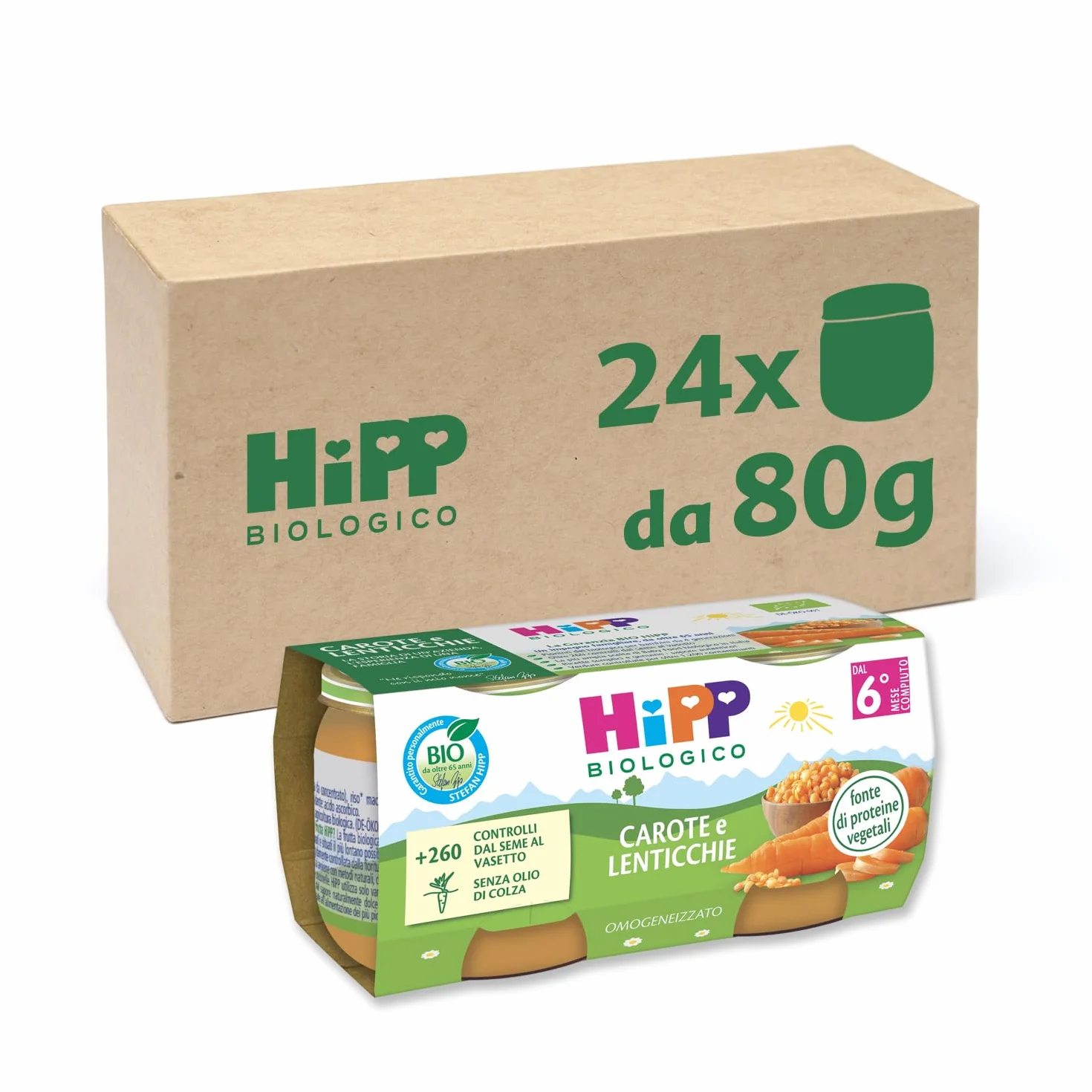 HiPP - Omogeneizzato Biologico per Neonati, Gusto Carote e Lenticchie, Fonte di Proteine Vegetali, 24 Vasetti da 80 gr