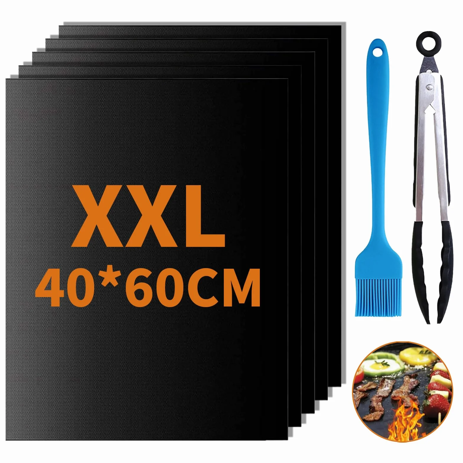 Set di 5 Tappetino Barbecue 60x40cm, Antiaderente Stuoie Barbecue in Teflon, Carta da Forno Riutilizzabile con Pennello e Clip, BBQ Mat per Griglia a Gas Carbone Forno Griglia Elettrica