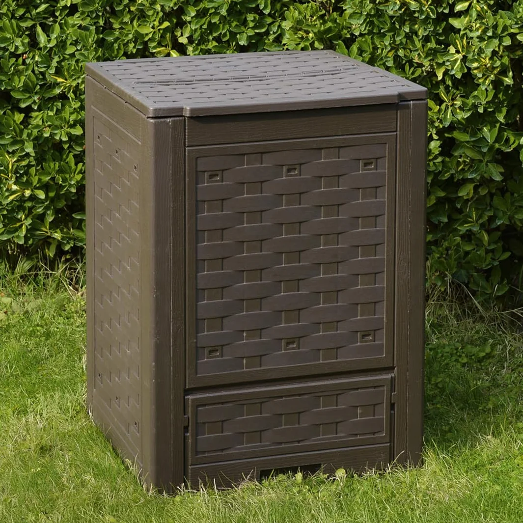 TOOMAX Composter Rattan marrone da giardino 300L 60x60x83h cm contenitore compostaggio plastica riciclata resistente UV coperchio sportello aerazione