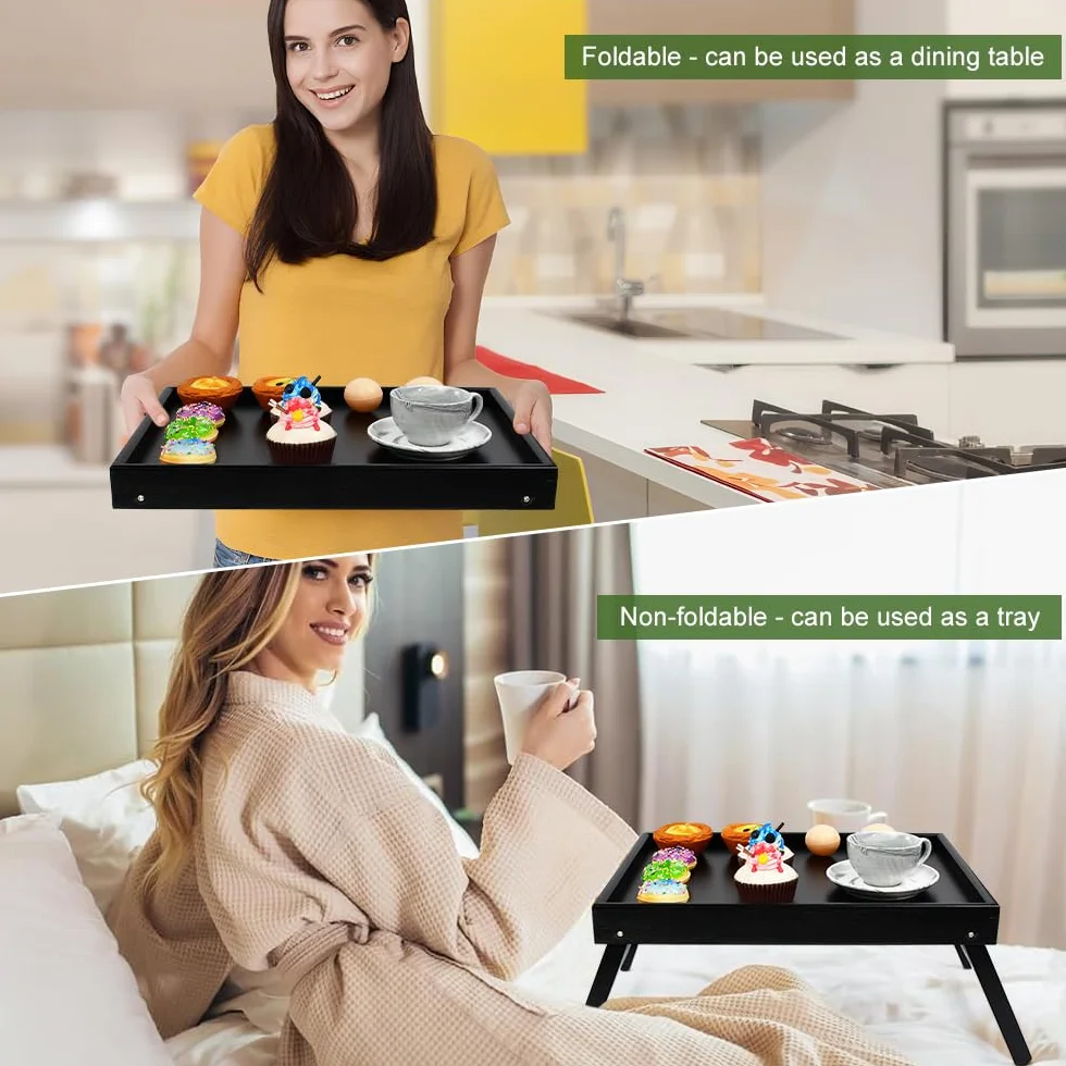 Vassoio da Letto con Gambe Pieghevoli,Vassoio per Colazione a Letto in Bambù HxLxP: 19x40x30 cm,Tavolino da Letto Pieghevole per Computer Portatile (Nero)