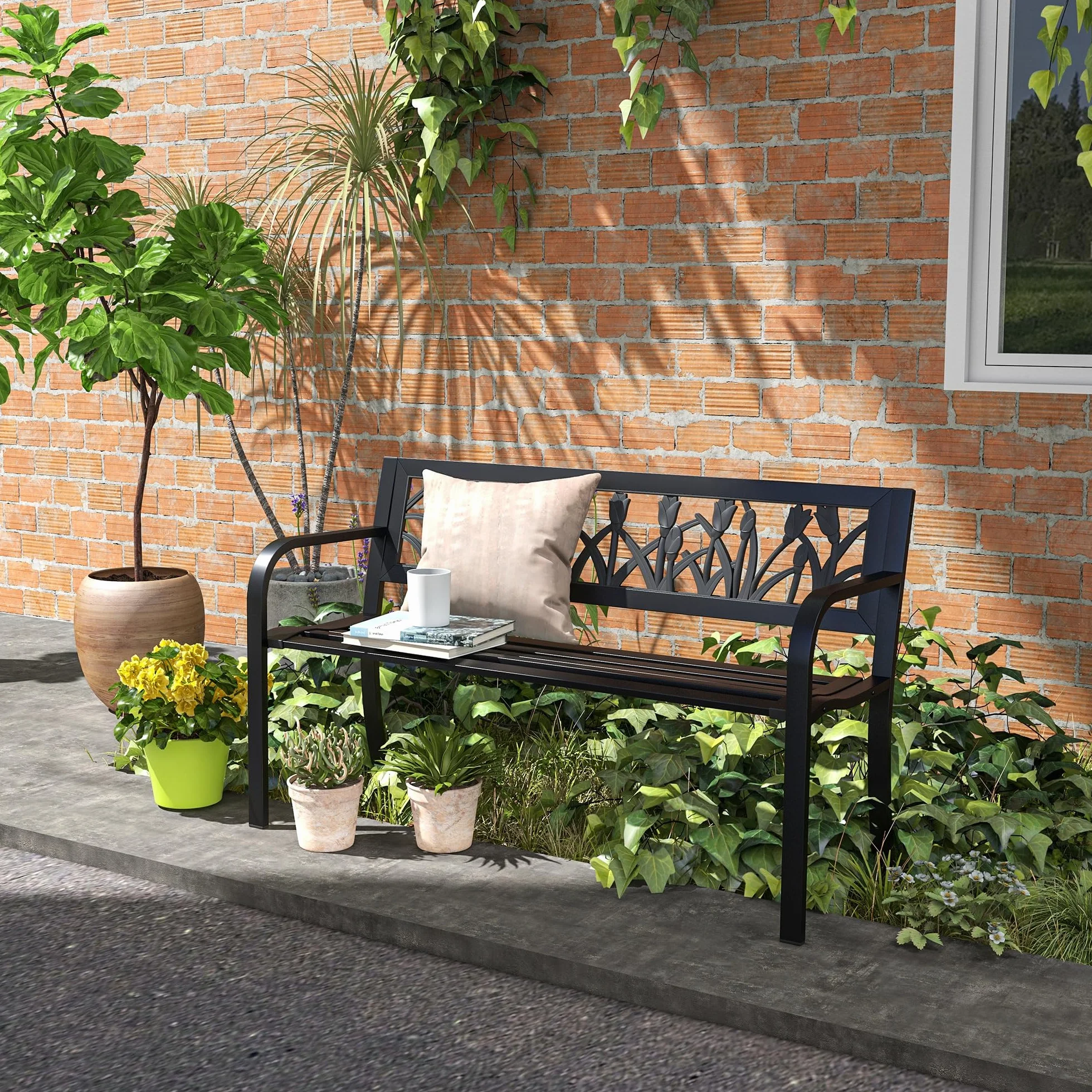 Outsunny Panchina da Esterno in Acciaio, Panchina da Giardino 2 Posti con Schienale Decorato e Braccioli, 125x50x75cm, Nero