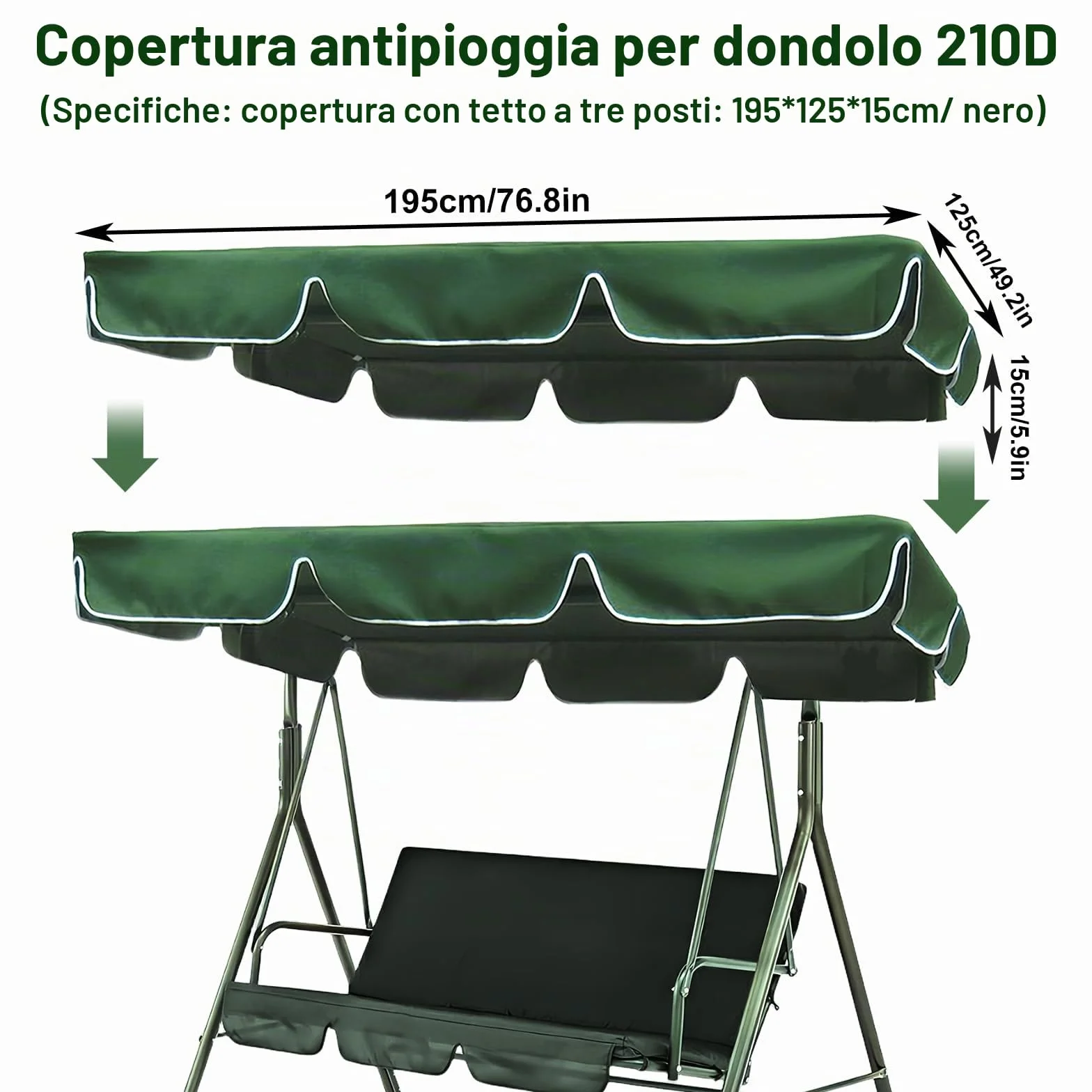 Tetto parasole per dondolo Hollywood, universale, 195 x 125 x 15 cm, impermeabile, per altalena da giardino (verde scuro)