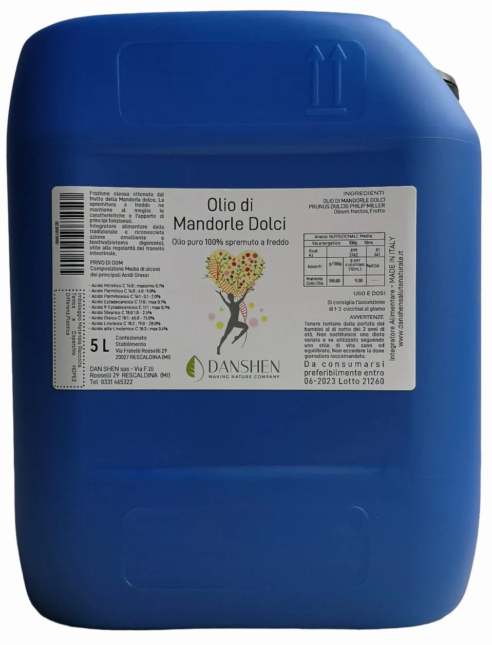 OLIO di MANDORLE DOLCI TANICHETTA DA 5 Litri (5000ml) | Puro 100% Pressato a Freddo | ANCHE USO ALIMENTARE, Per VISO, Smagliature CORPO e CAPELLI | Tappo con sigillo inviolabile