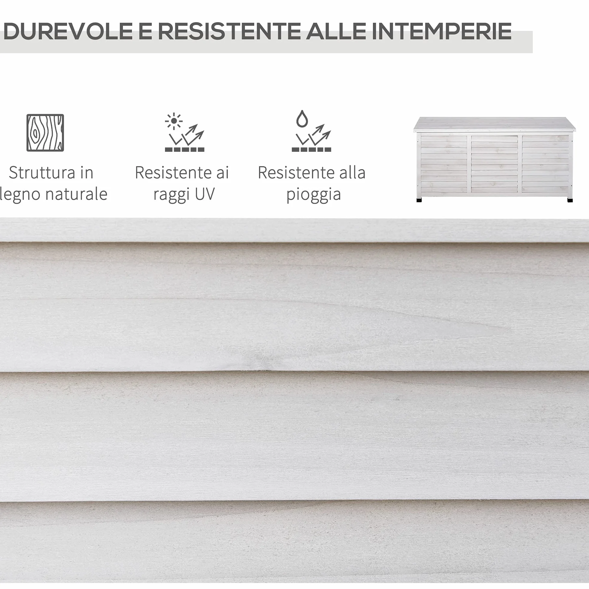 Outsunny Baule da Esterno in Legno di Abete con Base Rialzato e Coperchio, Cassapanca Contenitore da Esterno Impermeabile, 127x56x60 cm, Bianco