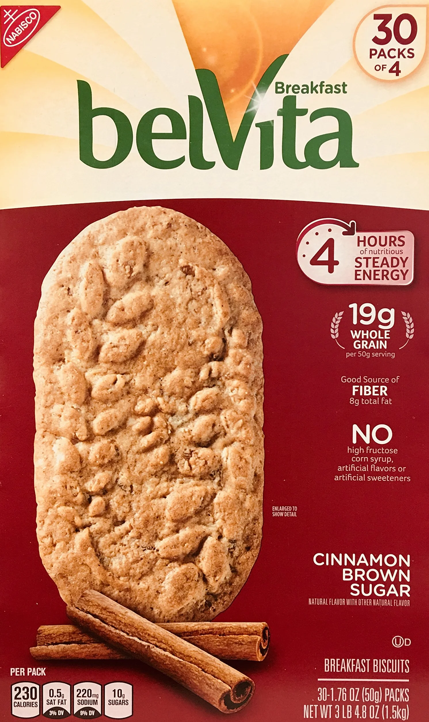Belvita Biscotti di zucchero di canna da 50 ml, confezione da 30, cannella, 50 once, (confezione da 4)