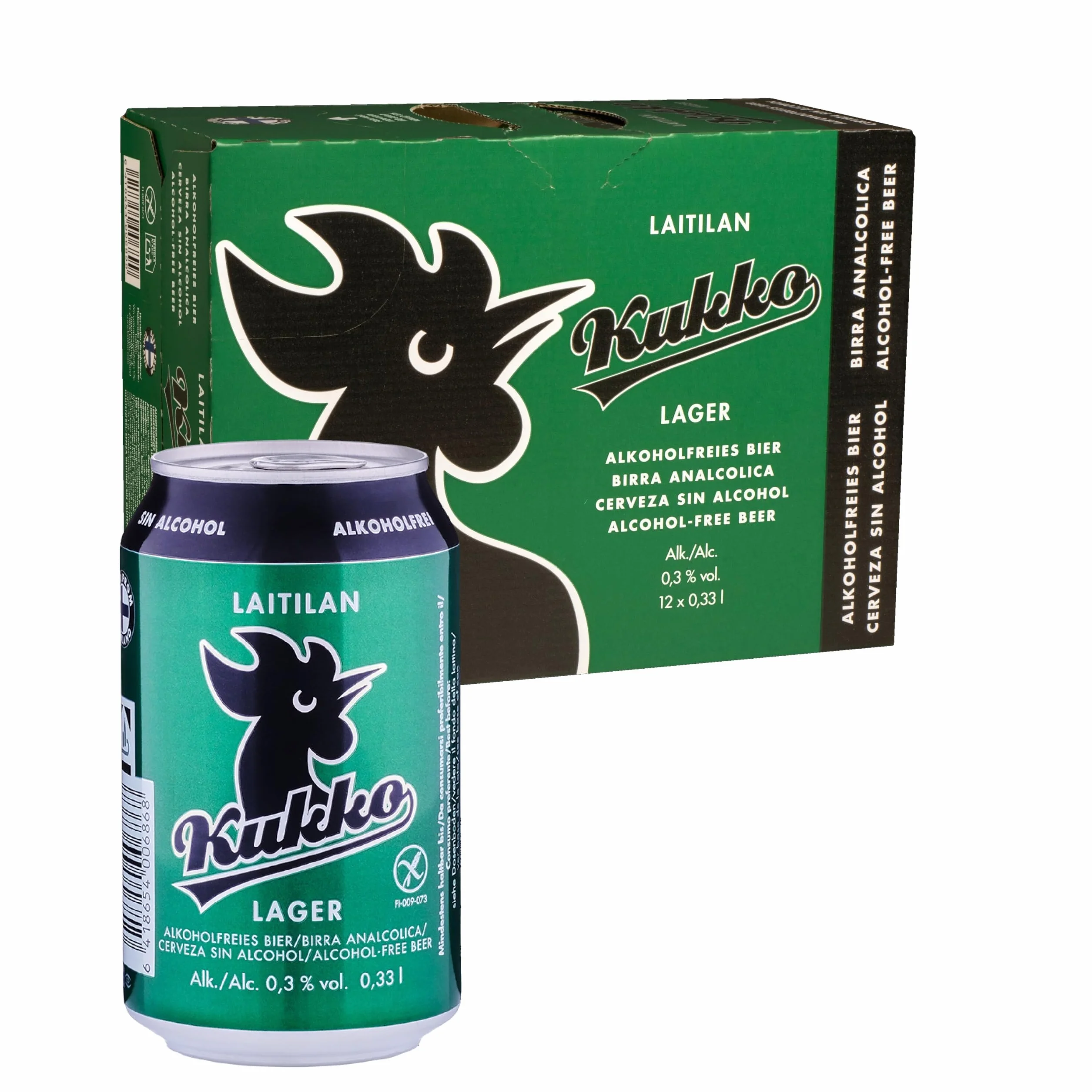 Kukko Birra Lager Analcolica – Senza Glutine – Gusto Morbido e Rinfrescante – 24 lattine da 0,33 L (2 confezioni da 12)
