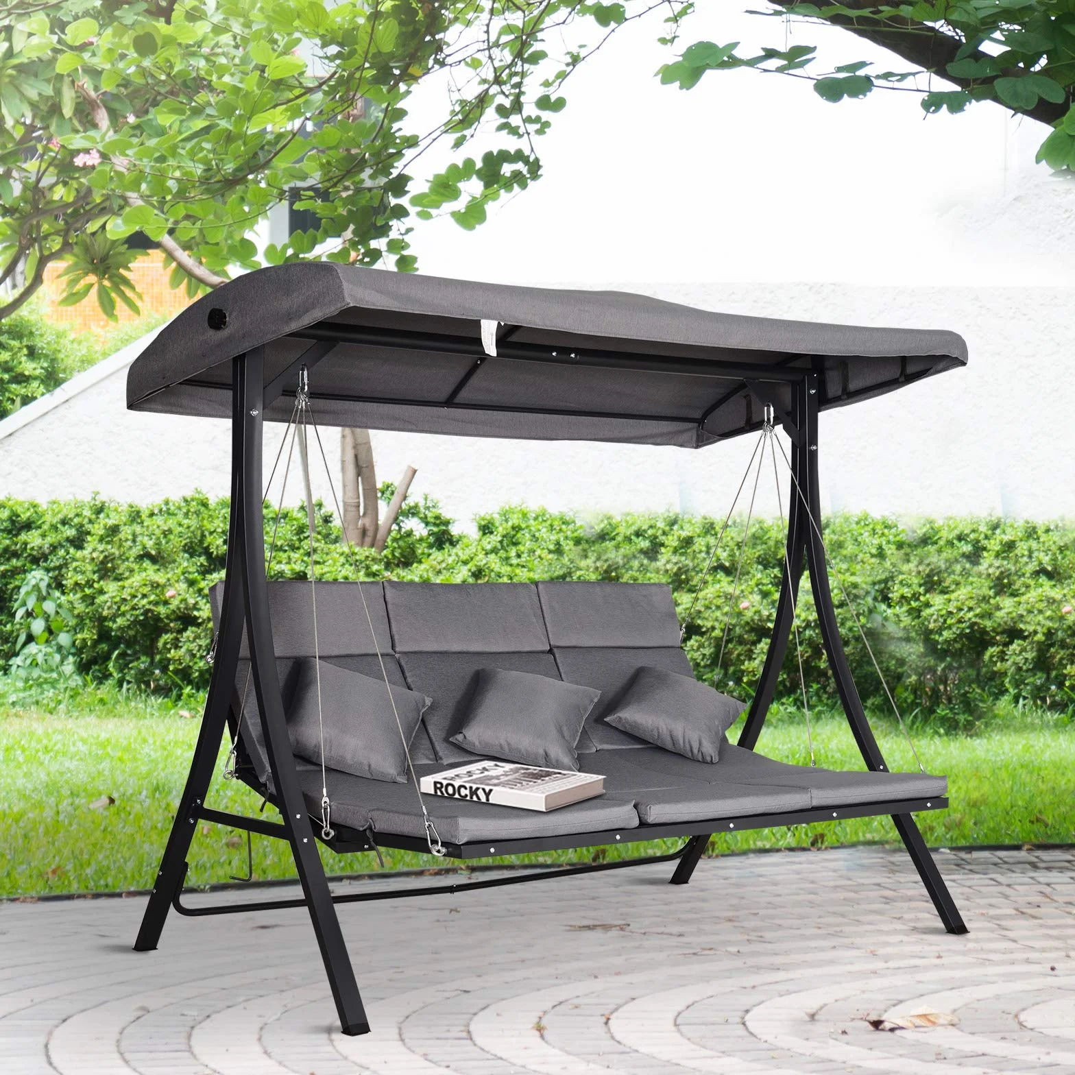 Outsunny Dondolo da Giardino a 3 Posti, Dondolo da Esterno con Chaise Longue e Tetto Regolabile, Nero e Grigio, 200 x 115 x 168 cm