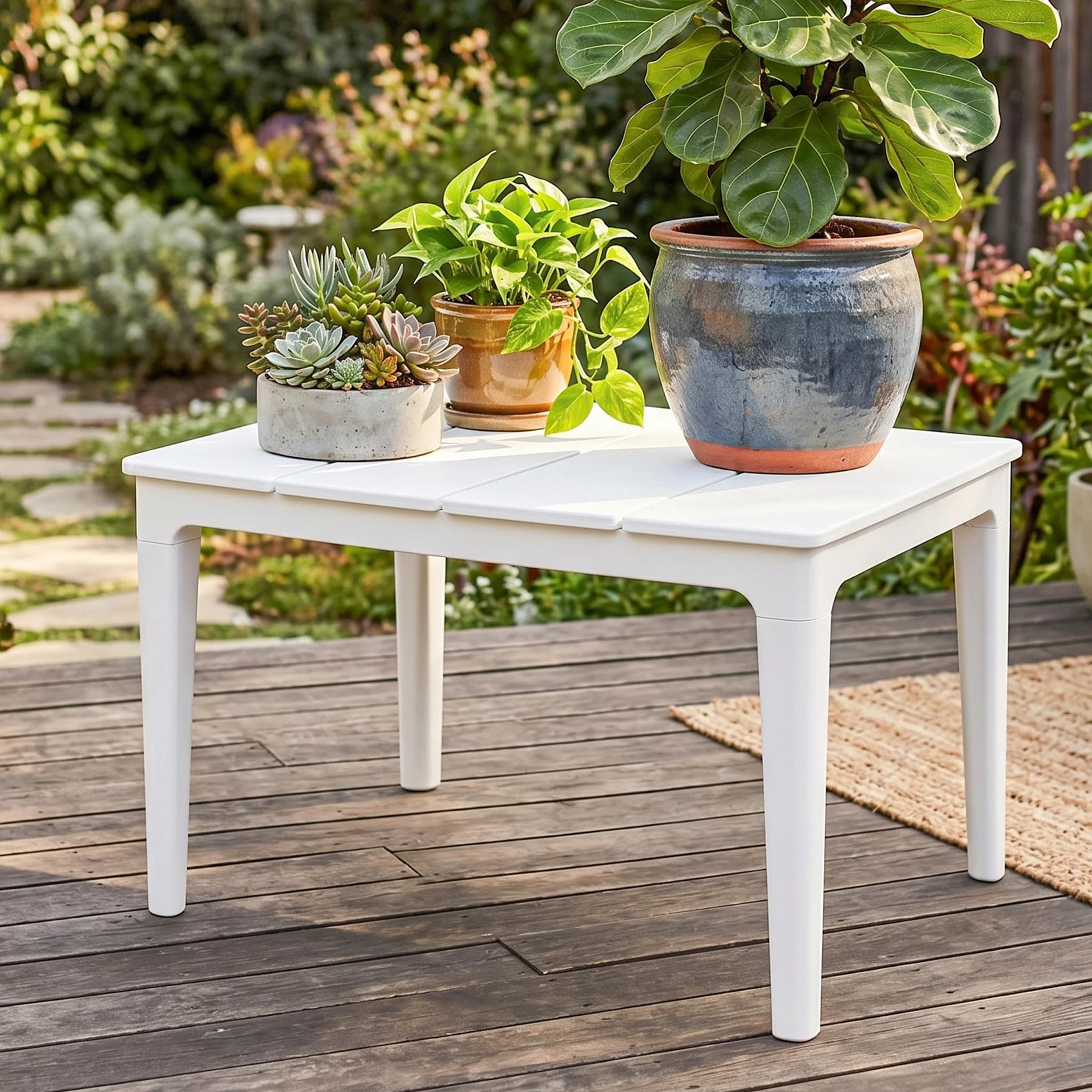 Outsunny Tavolo da Caffè da Esterno con Gambe Cilindriche, Tavolino da Giardino Rettangolare in Plastica PP, Stile Moderno, per Giardino, Balcone, Terrazzo, 53x70x39 cm, Crema