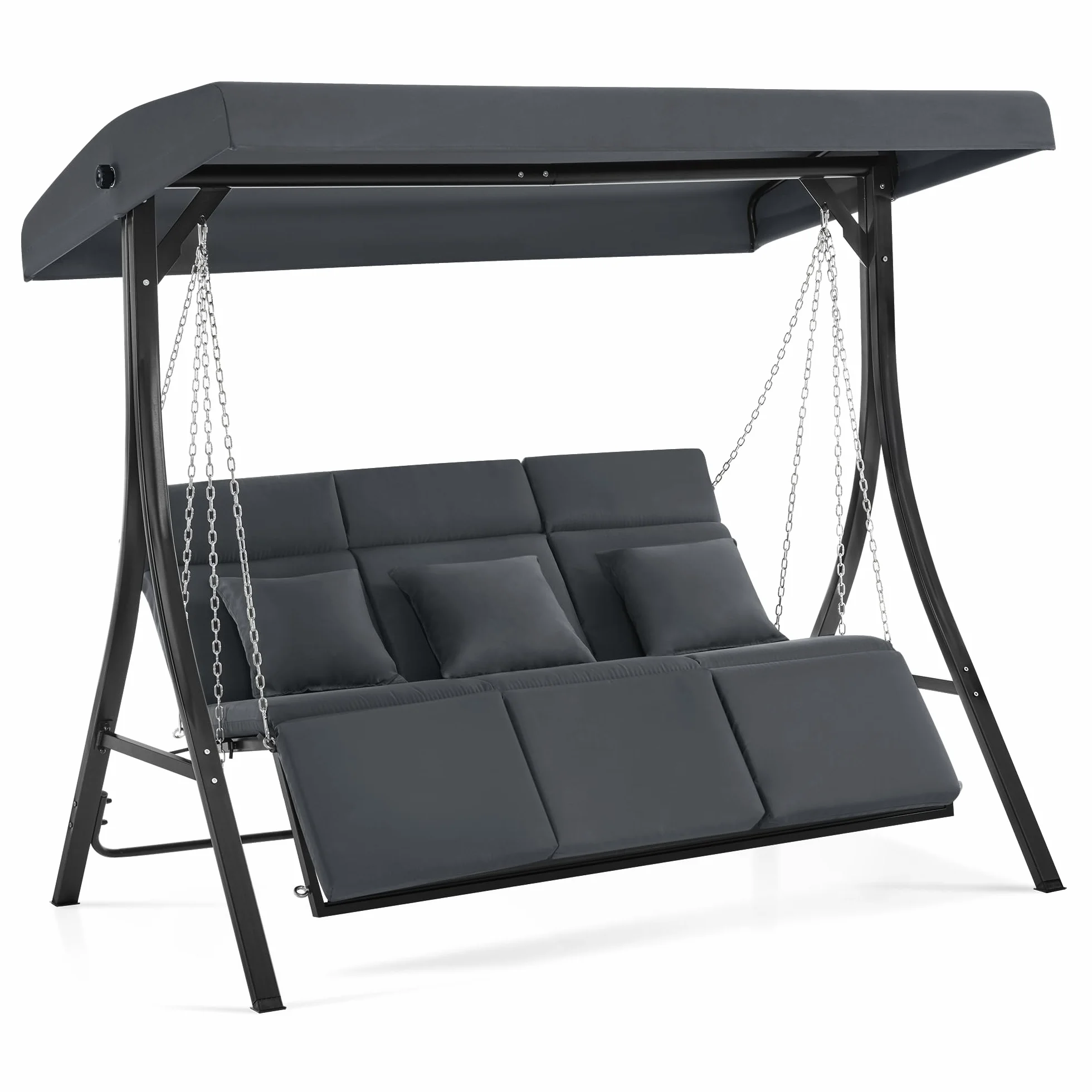 Altalena M MCombo Hollywood con funzione reclinabile, altalena da giardino a 3 posti resistente alle intemperie, panca altalena con catene metalliche, tetto regolabile, 8018 (grigio gel scuro)