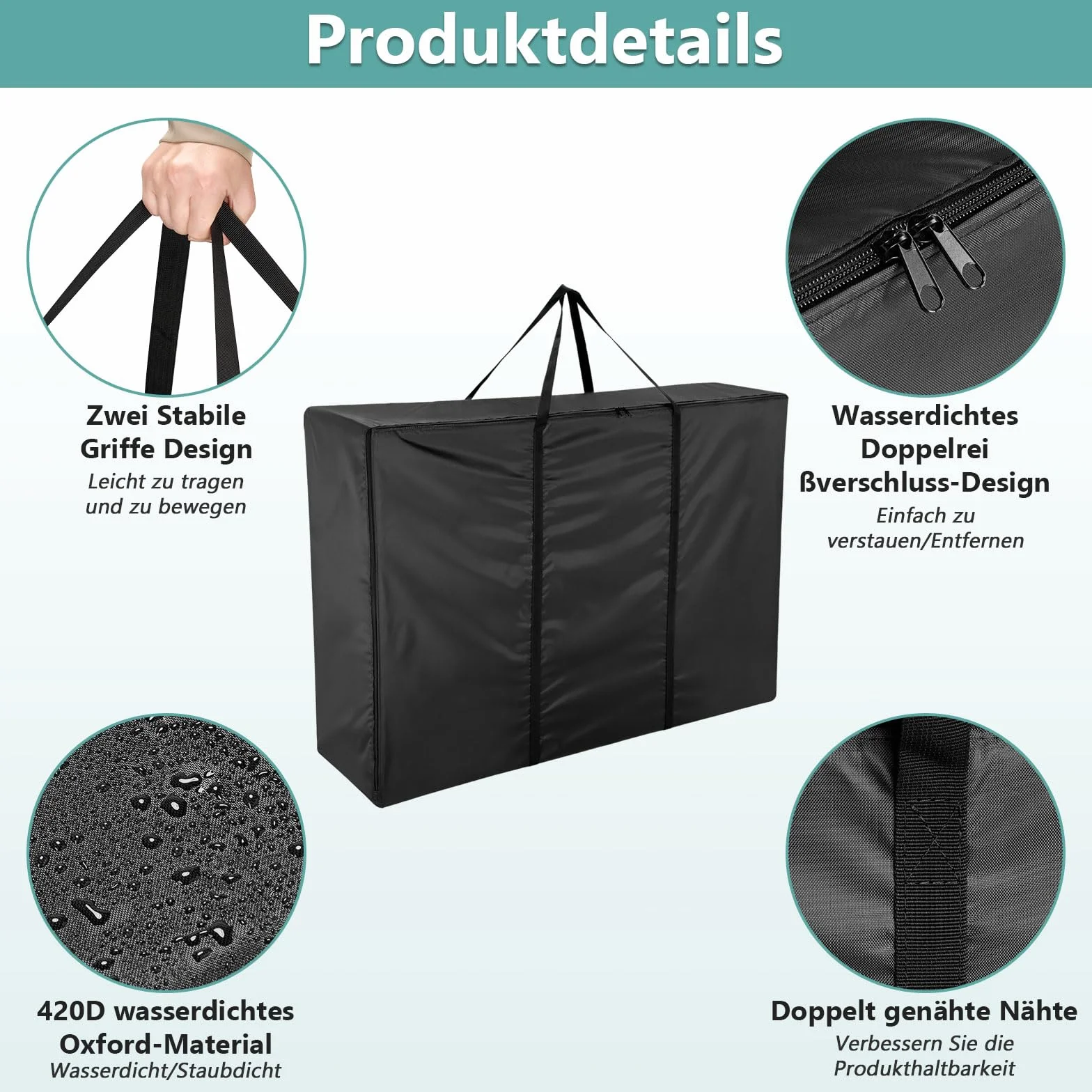 Borsa portaoggetti da giardino, impermeabile 420D, per cuscini da giardino, con chiusura lampo e maniglie, grande borsa nera (120 x 30 x 80 cm)