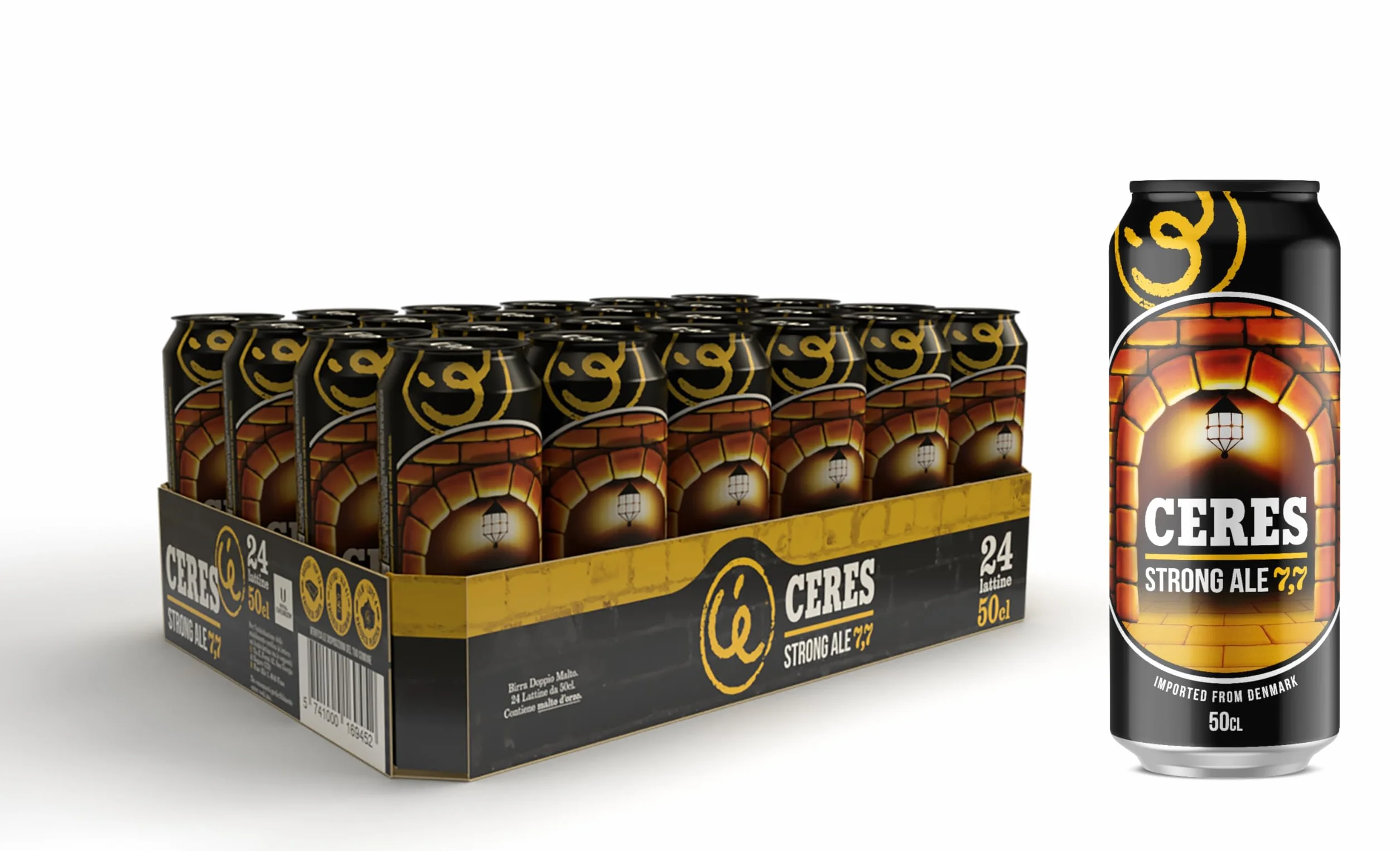 Ceres Strong Ale - 24 Lattine da 50 cl, Birra Bionda Doppio Malto con Riflessi Dorati, Gradazione Alcolica 7,7°C, Gusto Ricco ed Intenso con Sentori di Malto