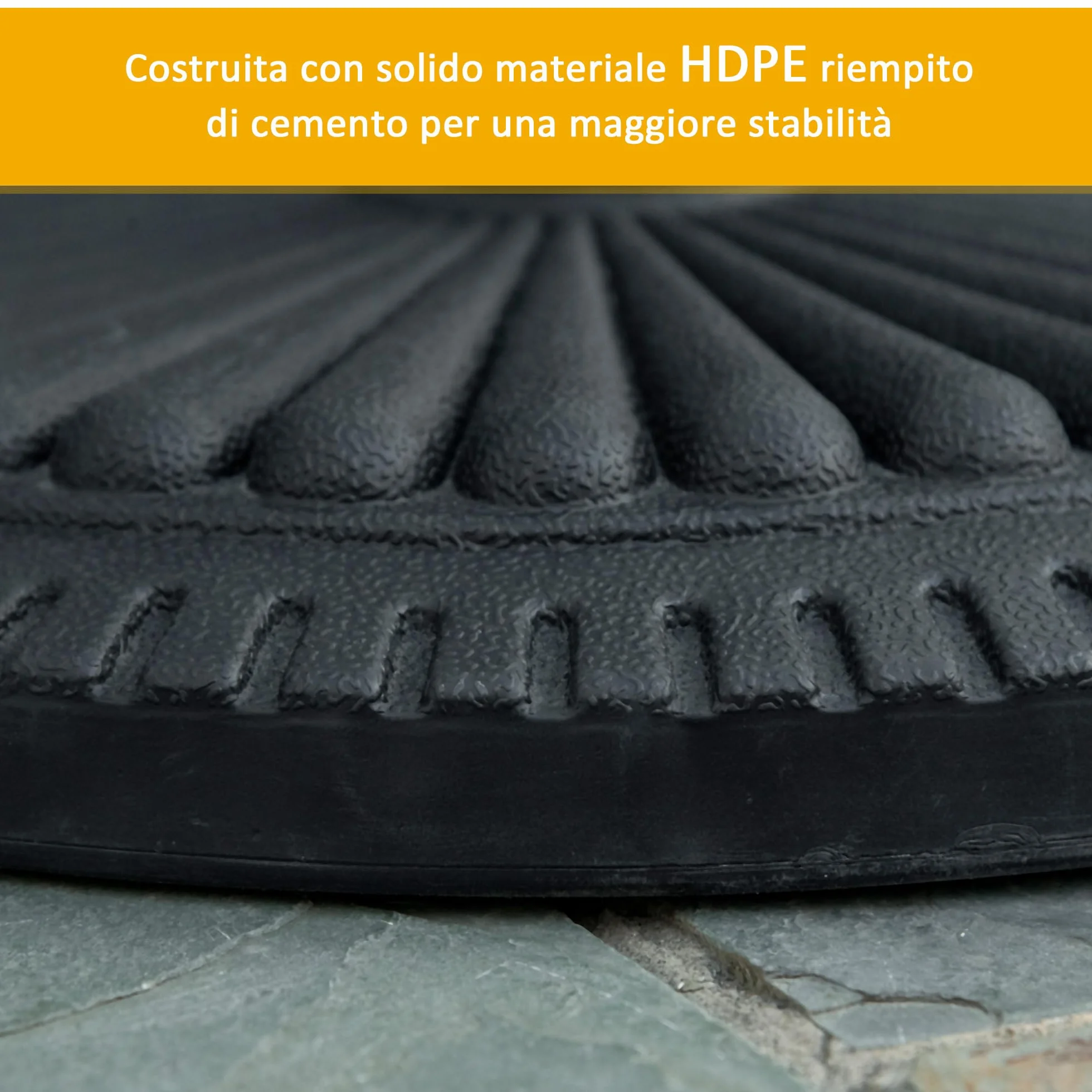 Outsunny Base per Ombrellone Rotonda in HDPE e Cemento con Decorazione, Basamento per Ombrellone da 14kg con Supporto per Pali da Ø35/38/48mm, per Giardino Balcone, Nero