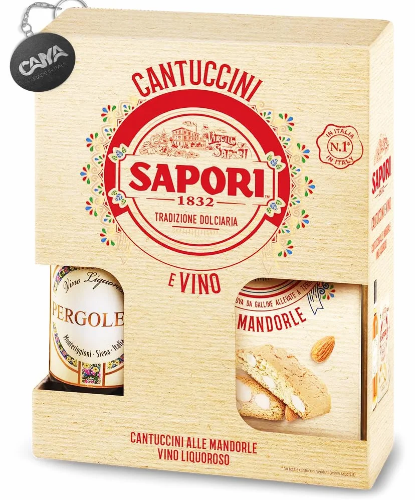 Sapori Cantuccini alle Mandorle e Vino Liquoroso Pergoleto, Confezione 2025 con Portachiavi CAIYA®