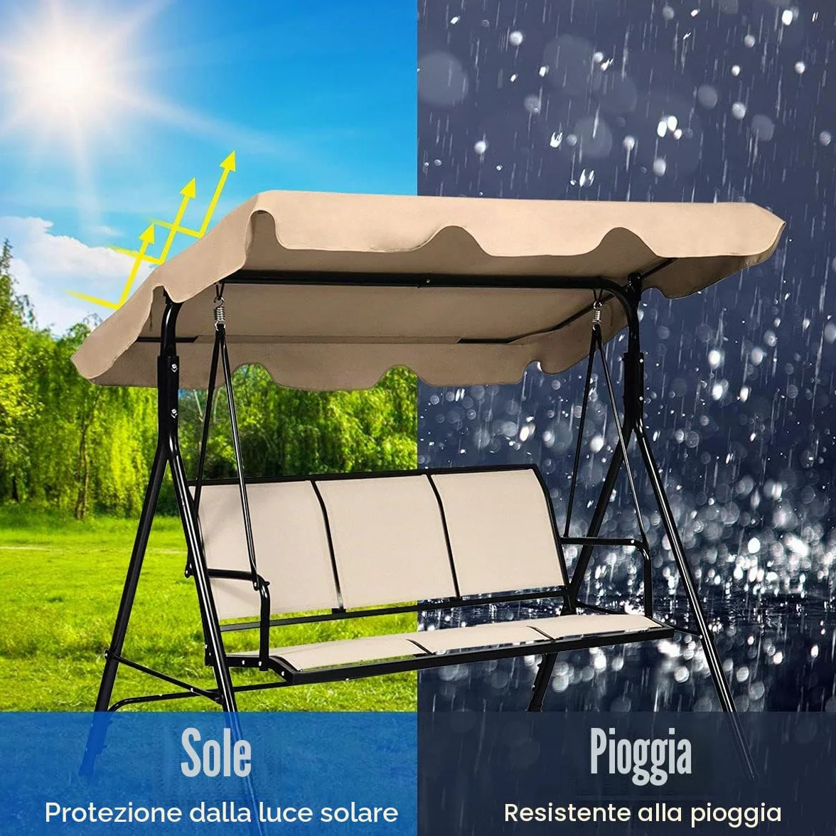 GIANTEX Dondolo da Giardino, a 3 Posti, Tetto di Ricambiabile, Telaio in Metallo e Texteline, con Copertura Anti-UV e Anti-Acqua, Arredo per Esterno, 173x119x152 cm, 2 Colori (1)