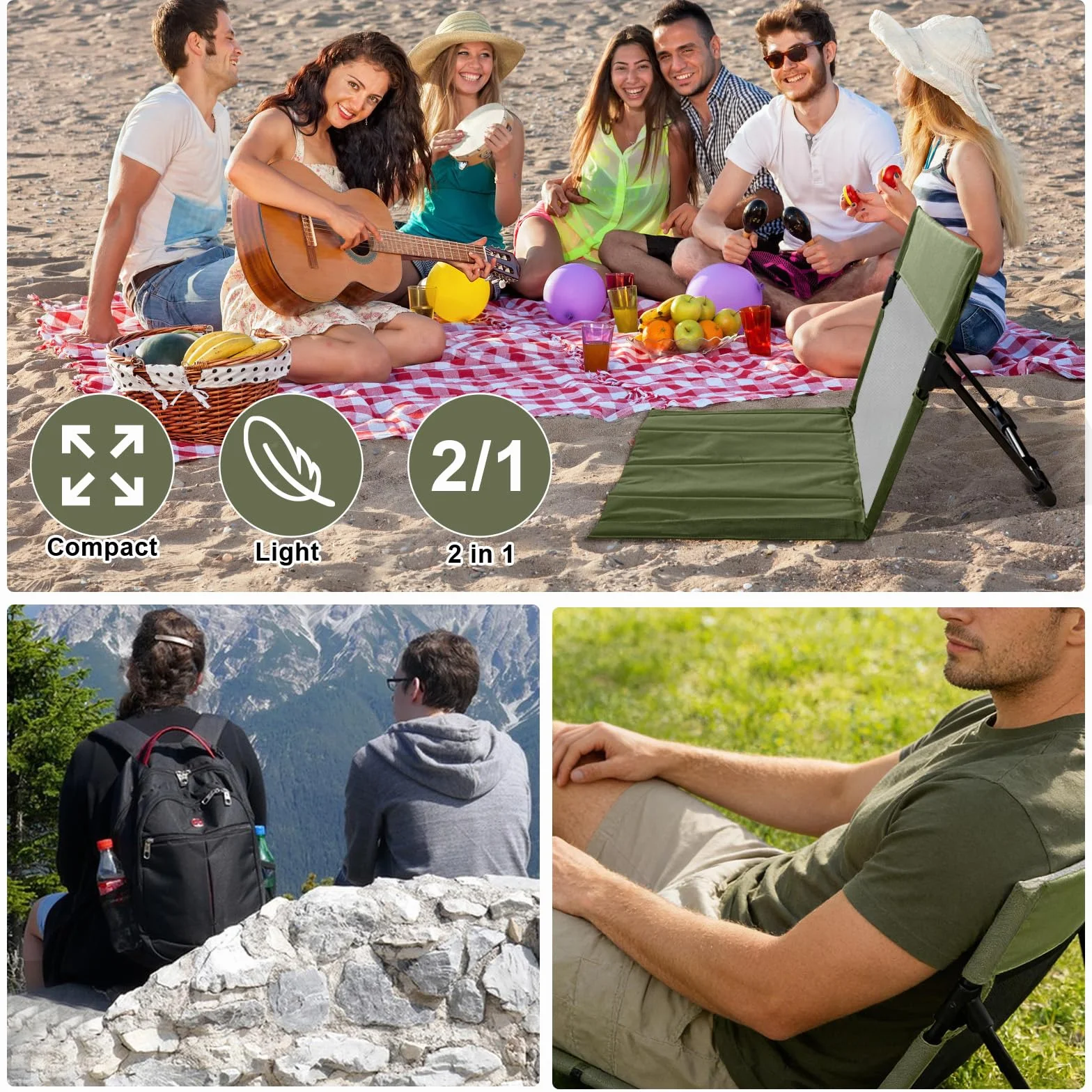 Sedia Spiaggia,Traspirante Tappetino da Spiaggia con Schienale Leggero e Pieghevole, Portatile 500g Bodenstuhl Outdoor per Campeggio,Attività All’aperto,Spiaggia e Viaggi (Verde)