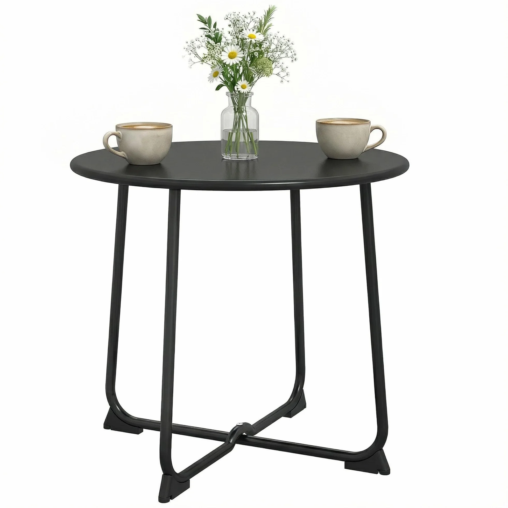 Outsunny Tavolino da Caffè da Giardino Rotondo 50 cm Stile Industriale con Piedini Antiscivolo, Tavolo da Caffè con Base a X in Metallo, per Balcone, Giardino, Terrazza, Soggiorno, Nero
