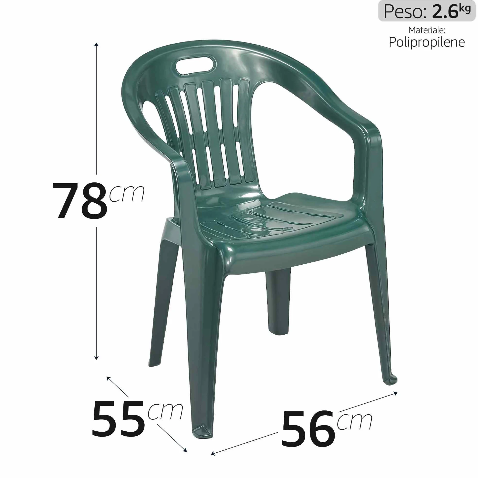 Sicignano | Sedia da Giardino in Plastica, Poltrona Piona, Sedia con Braccioli da Esterno, con Schienale Basso, Impilabile, Leggera, Facile da Pulire, 56x55x78h cm (1, Verde)