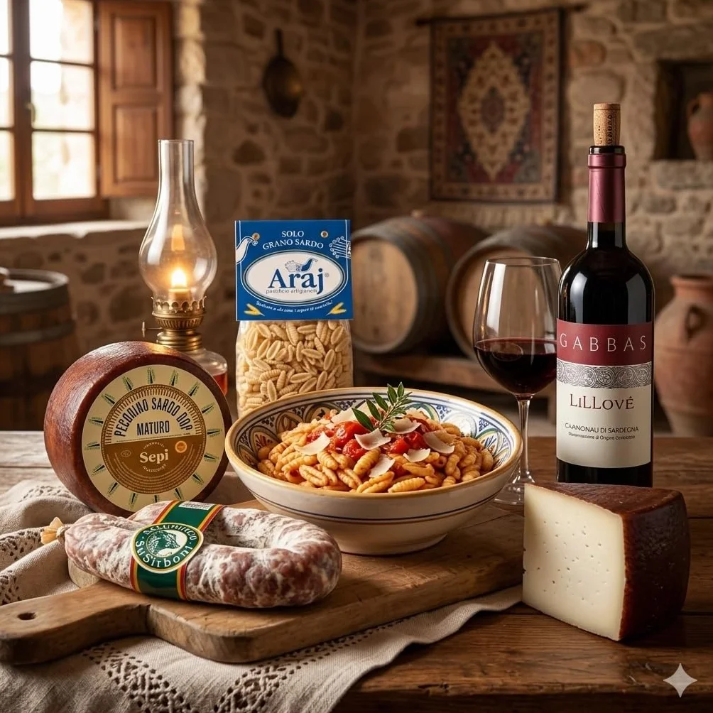 Cesto Regalo Sapori di Sardegna: Malloreddus, Cannonau Lillovè, Pecorino DOP, Salsiccia Sarda