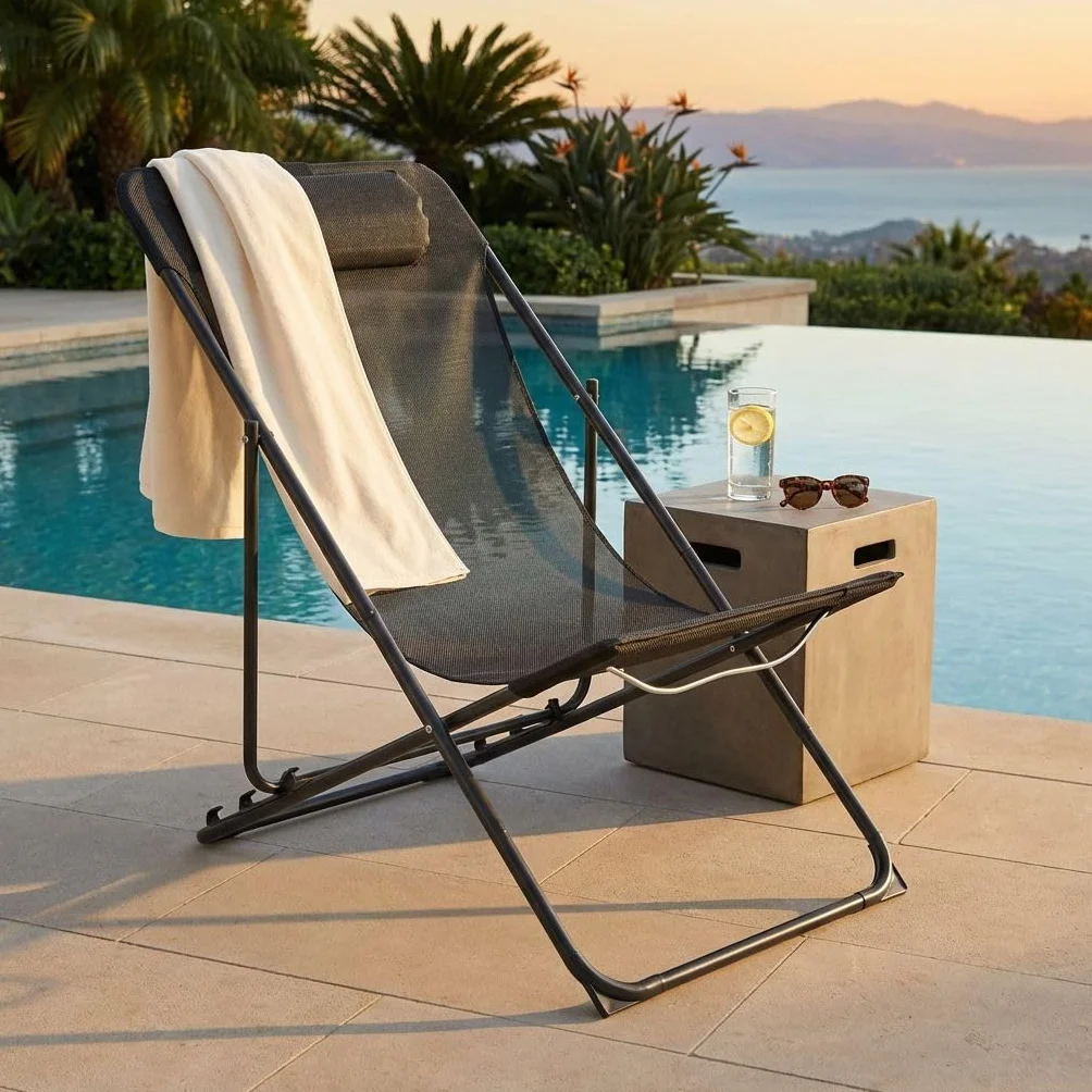 milani home - spiaggina mare pieghevole, metallo e textilene, alta pieghevole, nero
