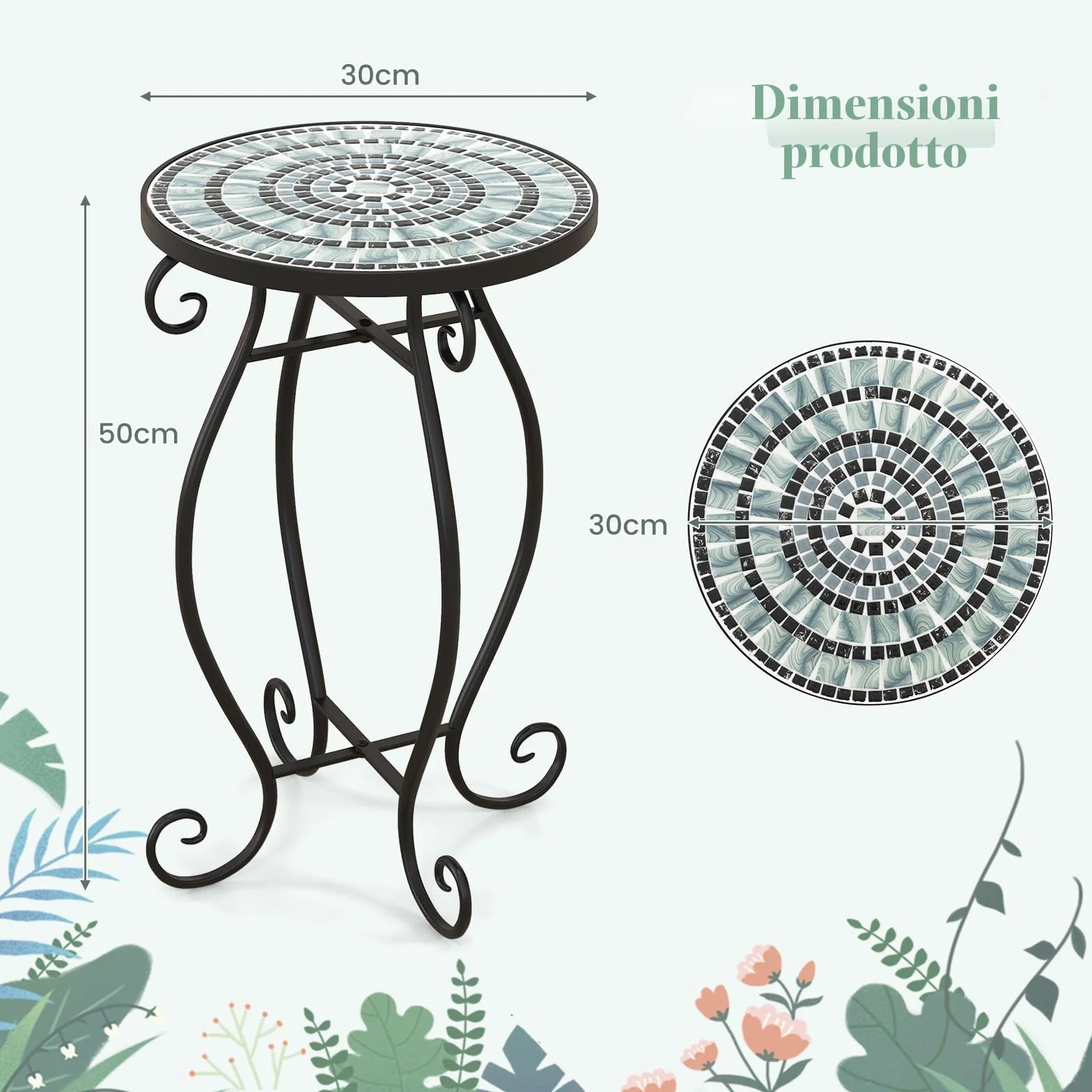 HOMASIS Tavolino da Giardino Piccolo, Tavolino da Caffè in Metallo, Tavolo Rotondo, Sgabello per Piante con Motivo a Mosaico, Tavolino da Balcone, Patio, Terrazzo, 30 x 50 cm (nero e grigio)