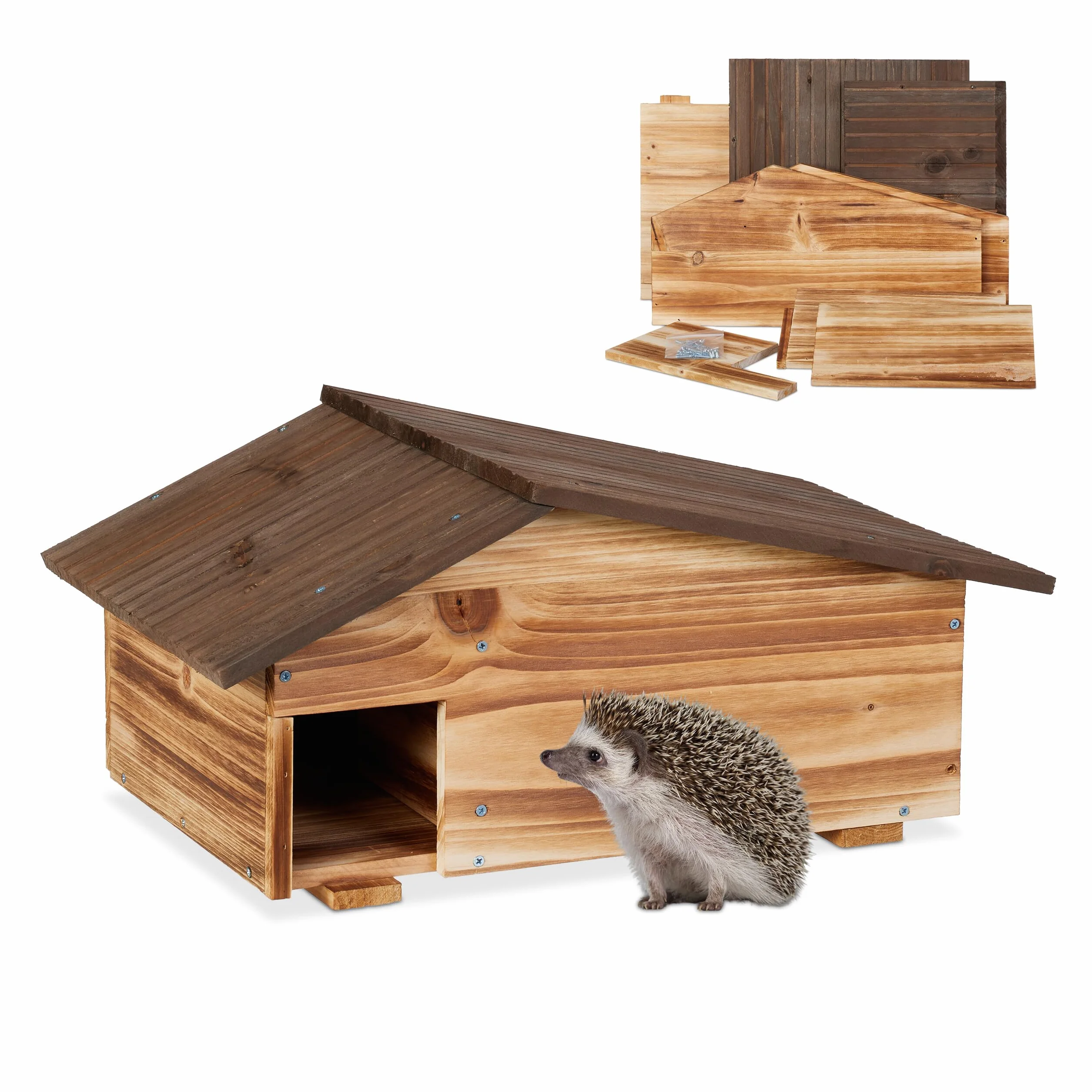 Relaxdays Casetta per Ricci, Rifugio da Giardino, 2 Camere, HLP: 24x46x33,5 cm, Tana Contro Predatori, Legno Fiammato