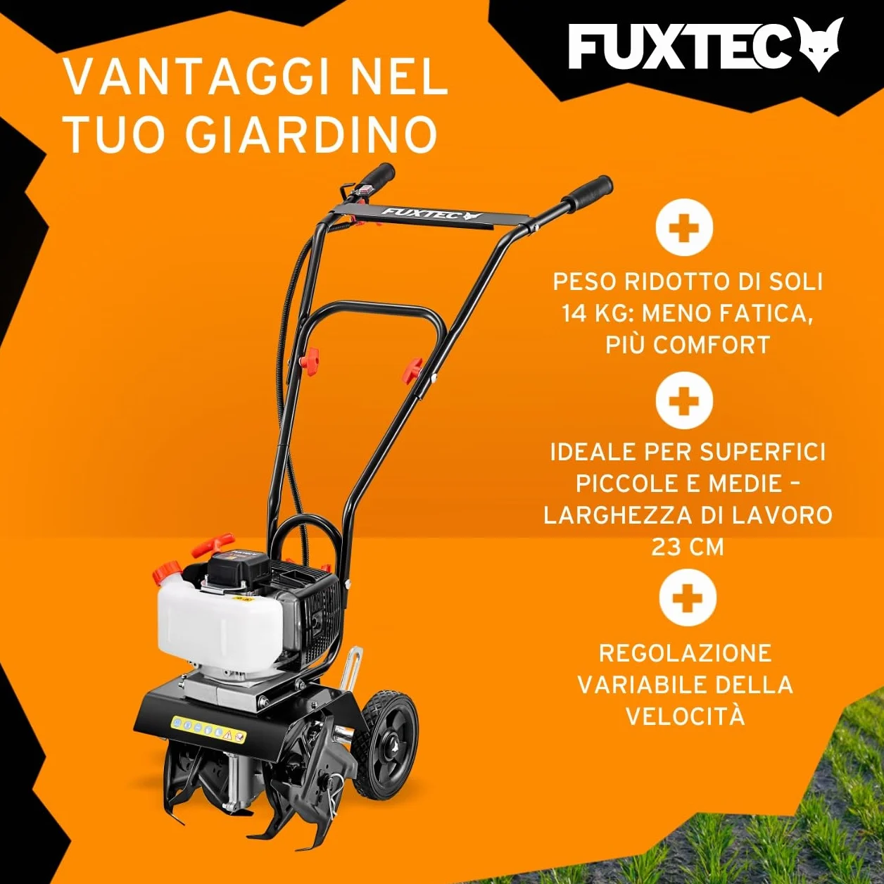 FUXTEC Motozappa a Scoppio FX-AF152 – Potente fresatrice a benzina con motore 2 tempi, larghezza di lavoro 23 cm, cilindrata 51,6 cc, 2 frese da 70 mm, peso netto 14 kg