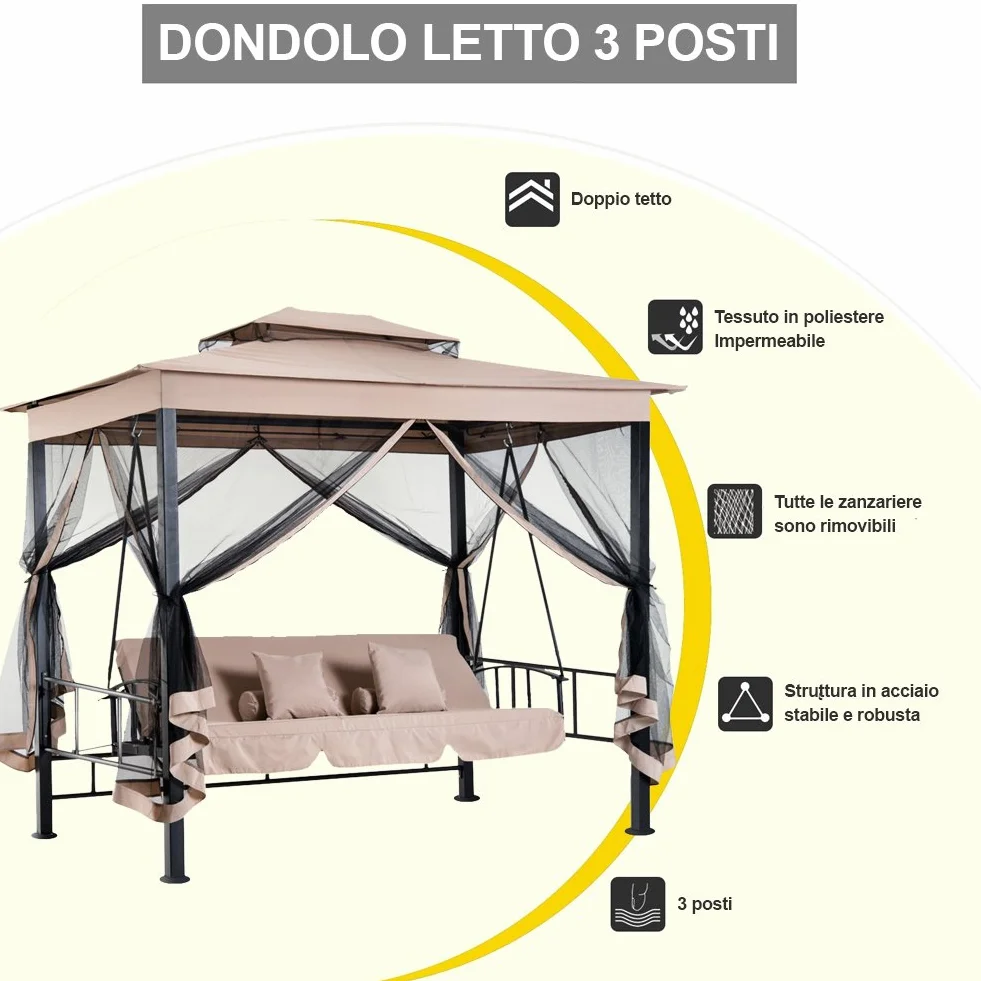 BAKAJI Gazebo Parasole da Giardino con Dondolo Letto e Zanzariere 3 posti, Modello Extra-Lusso Cleopatra, Amaca Altalena Trasformabile in Letto Matrimoniale, Colore Beige
