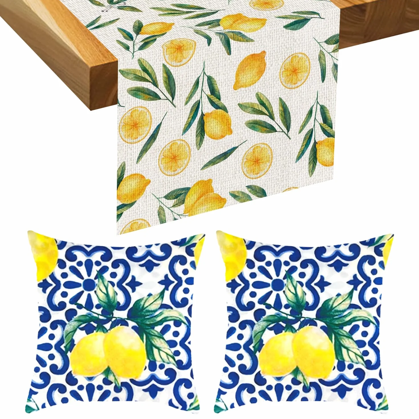 2 federe, 1 tovaglia, copricuscino impermeabile per esterni, colore blu, per esterni, con limone, impermeabile, per mobili da giardino