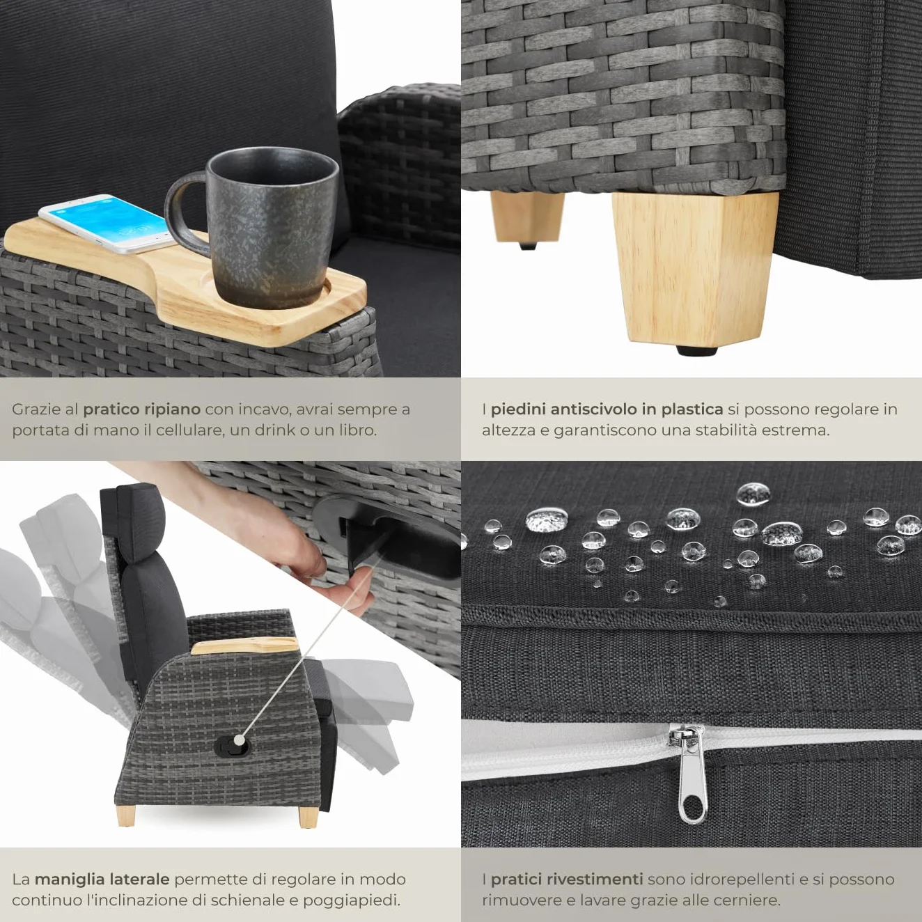 tectake® Poltrona Giardino in Rattan, Poltrona da Esterno con Telaio in Alluminio, Poltroncina Salotto Regolabile, Resistente ai Raggi UV, Comodo Piano d'Appoggio, Design Elegante - Grigio