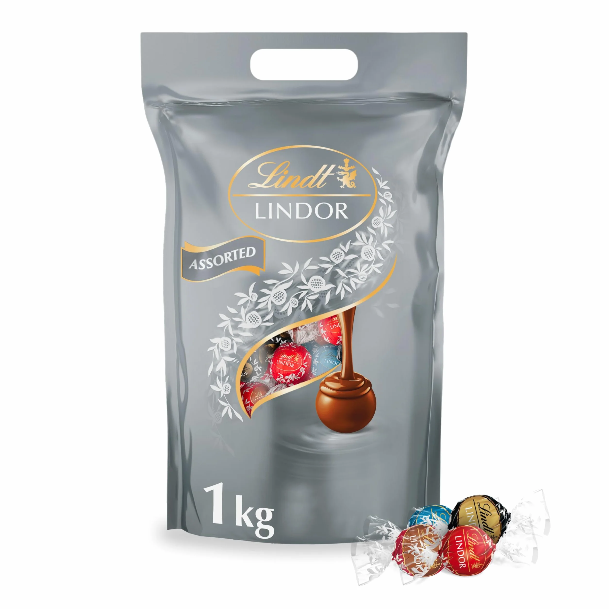 Lindt LINDOR Praline di Cioccolato Latte, Extra Fondente 70% Cacao, Doppio Cioccolato, Caramello Salato, 80 Cioccolatini, in confezione assortita maxi formato 1kg