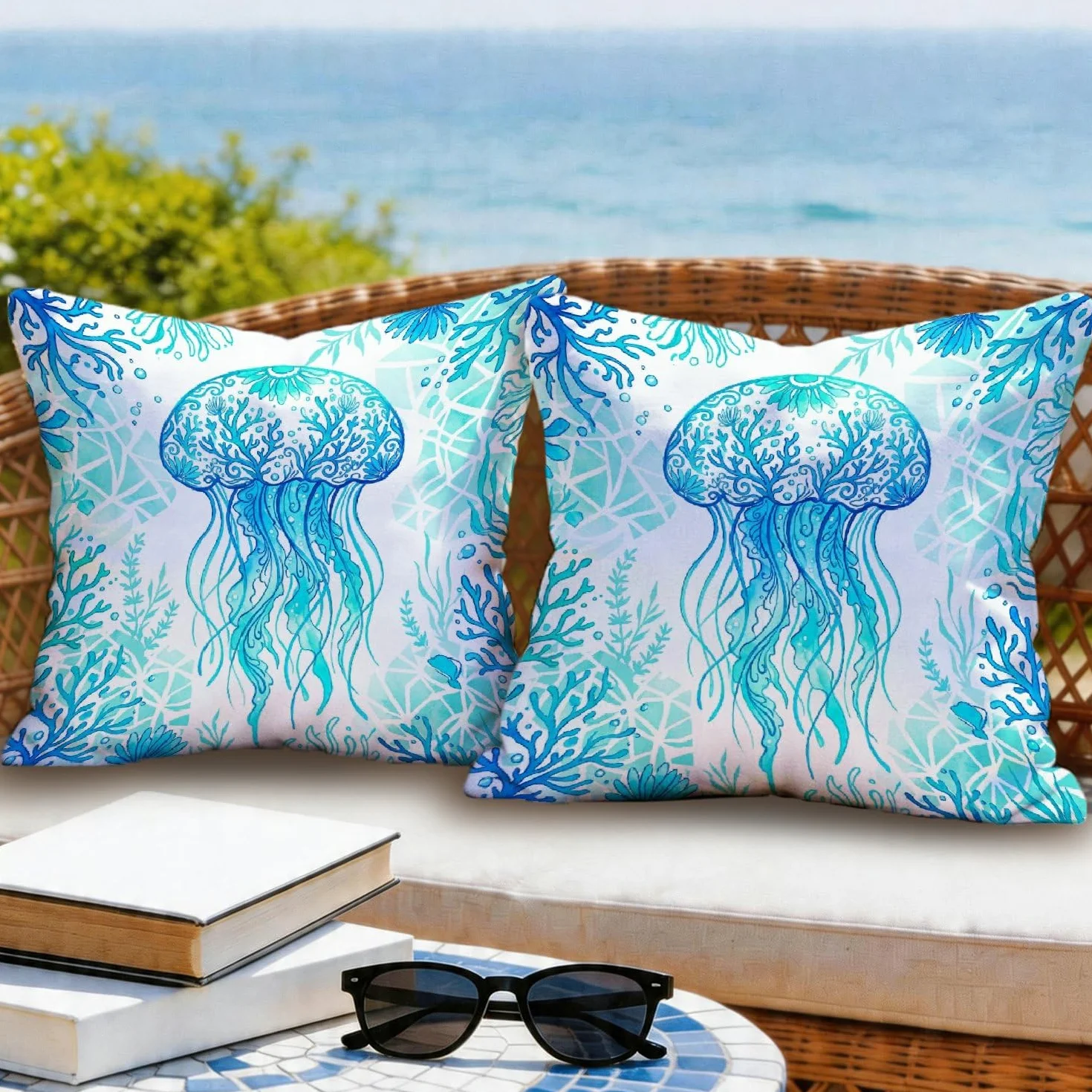 Federa per cuscino da esterno, motivo meduse, oceano, contemporaneo, corallo, alghe estive, resistenti all'acqua, in poliestere, per patio, veranda, terrazza, mobili da esterno, 40,6 x 40,6 cm