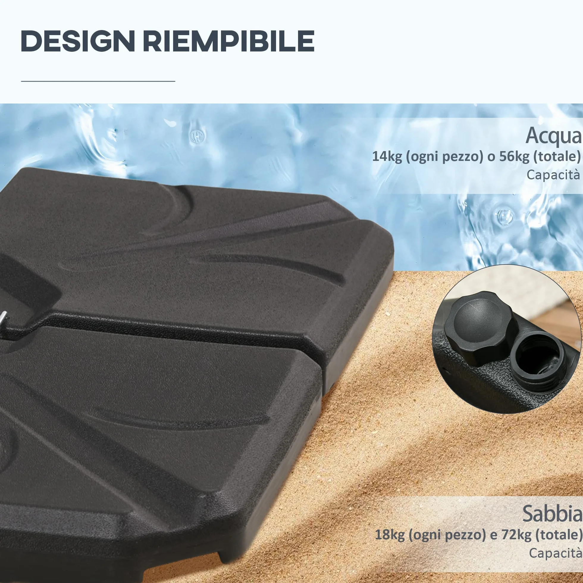 Outsunny Base per Ombrellone in Plastica HDPE da 4 Pezzi, Riempibili con Acqua e Sabbia Fino a 18kg, 103x103x8.3 cm, Nero