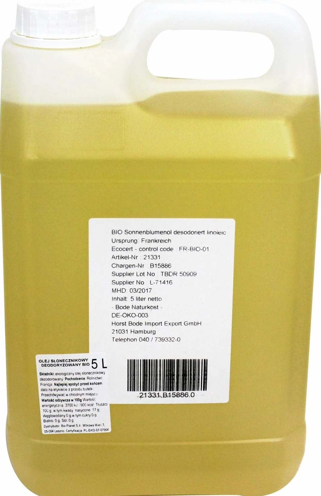 OLIO GIRASOLE BIO 5L - HORECA