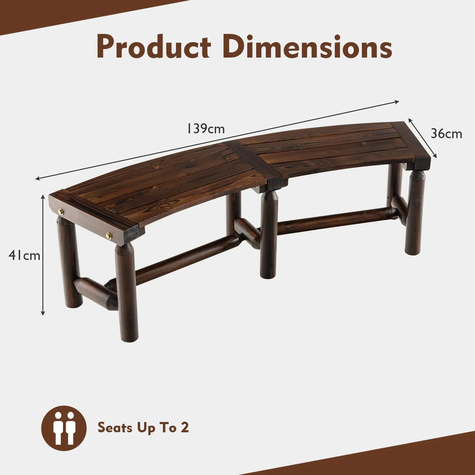 GIANTEX Panca da giardino resistente alle intemperie, in legno massiccio carbonizzato, portata fino a 325 kg, curva, 139 x 36 x 41 cm, QS44623DE