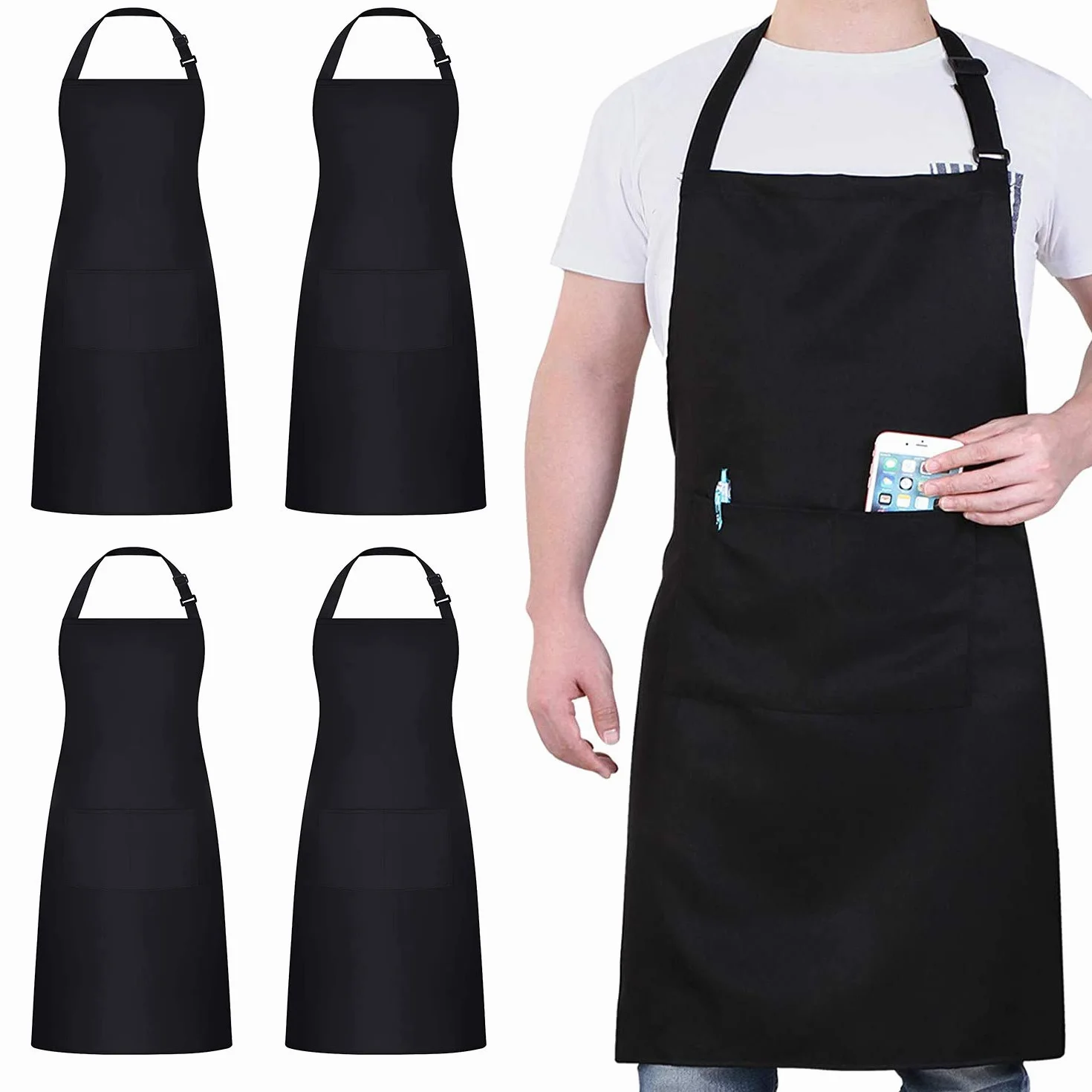 4 Pezzi Cuoco Grembiule, Nero Grembiule Impermeabile con 2 Tasche, Grembiule Cucina Regolabile, Grembiule da Uomo e Donna Adatto per Barbecue Ristorante Caffetteria…