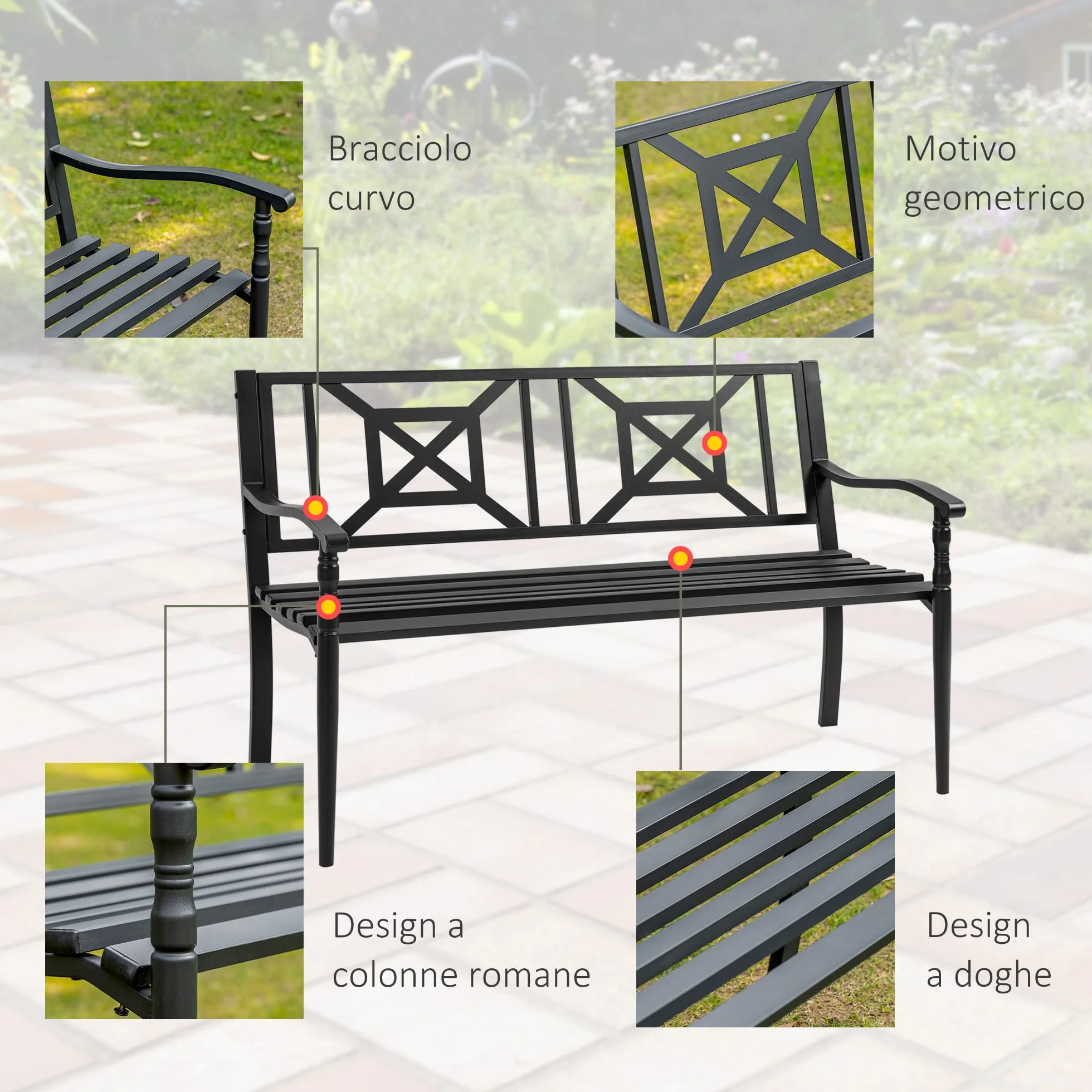 Outsunny Panchina da Giardino in Acciaio per 2 Persone, Panchina da Esterno con Schienale Alto e Braccioli, 128x62.5x81.5 cm, Nero