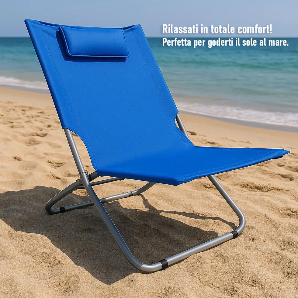 SACAR Spaggina Serena Maxi Pieghevole – Struttura in Ferro Ø22 mm e Perno in Acciaio – Rivestimento in Poliestere con Cuscino Integrato – Ideale per Spiaggia, Campeggio, Giardino, Parco (2 BLU)