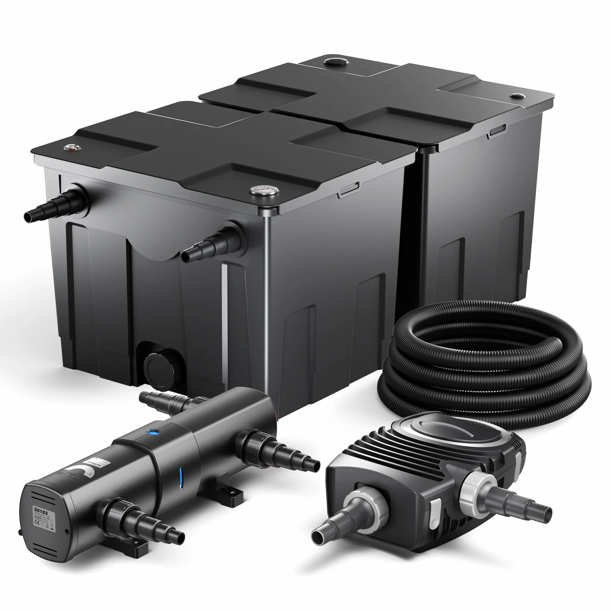 Set per laghetti fino a 60000l Filtro Chiarificatore UVC 36W Pompa 80W Tubo 25m