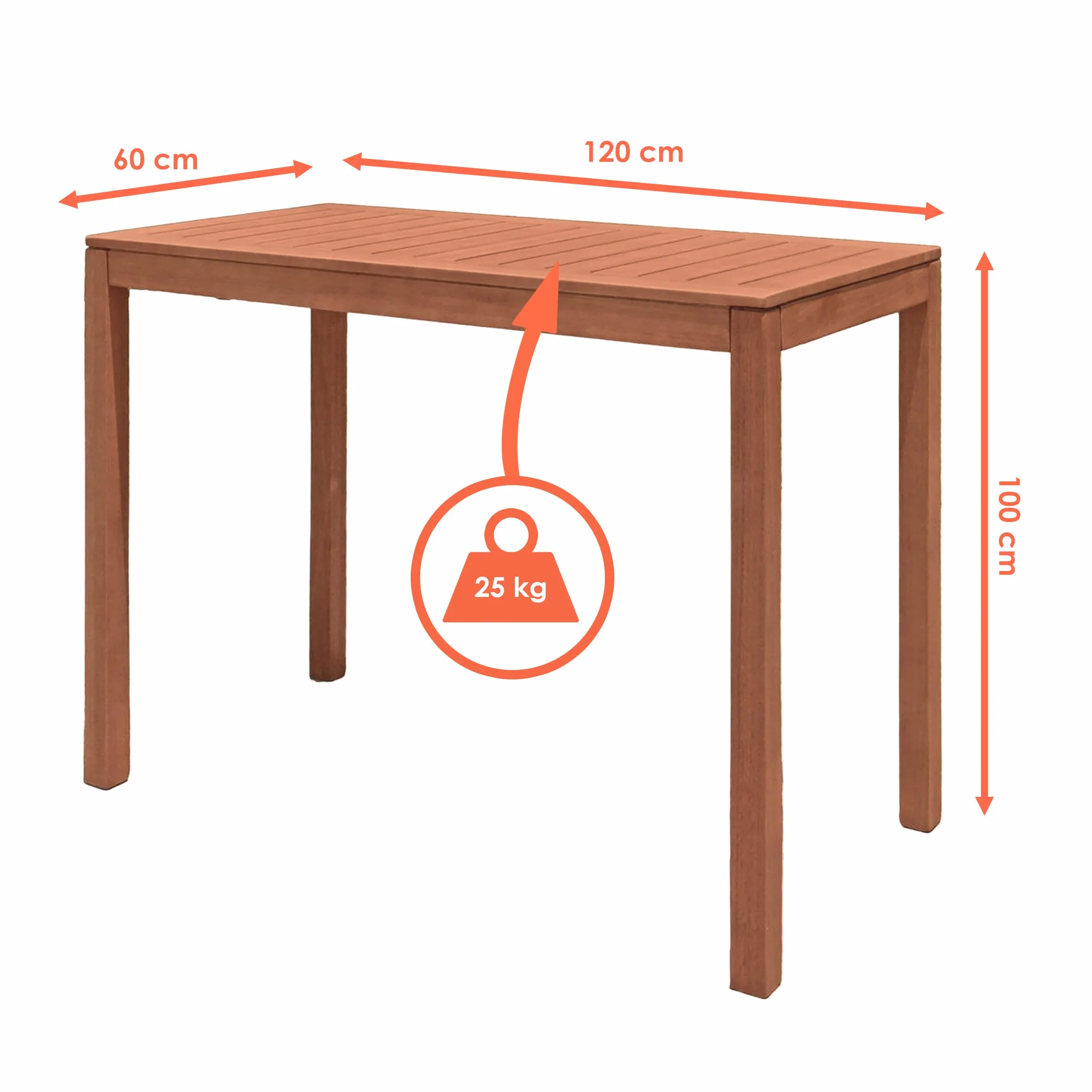 Eucalipto Tavolo da giardino oliato portata fino a 25 kg – 120 x 60 cm – Tavolo da bar in legno massello FSC marrone – Tavolo alto in legno massello da bistrò tavolo rettangolare