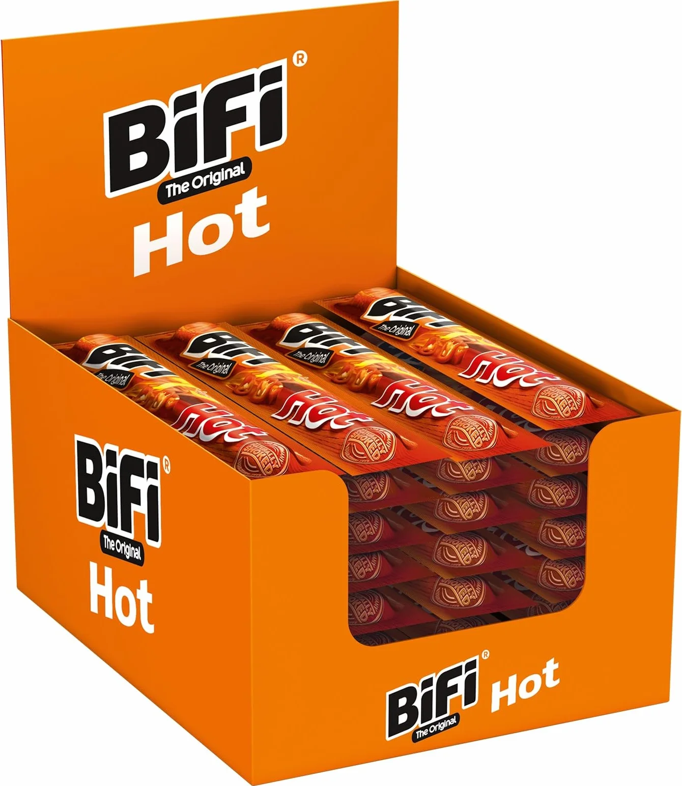 BiFi Original Hot - Stick di salame piccante, carne e salumi essiccati all'aria, con pepe, coriandolo e aglio, confezione in formato tascabile ottimi da sgranocchiare, confezione da 40, 40 x 20 g