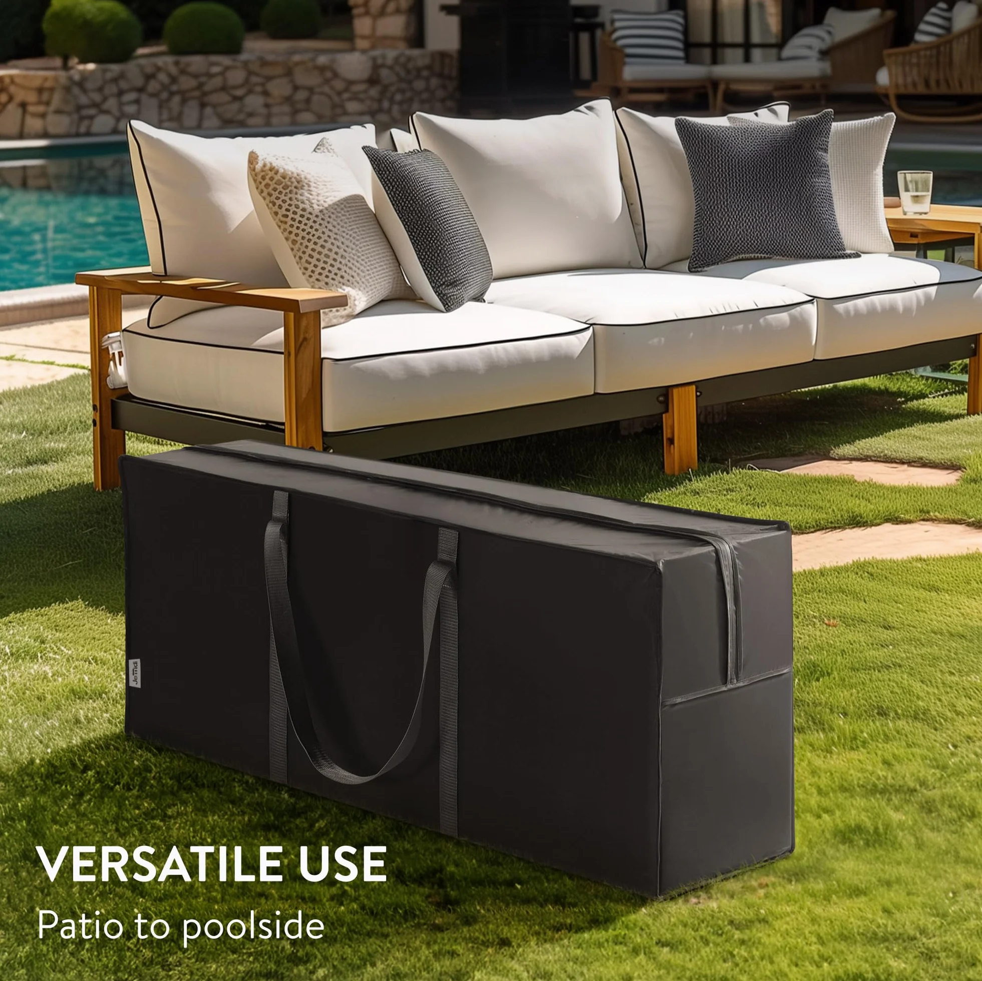 JEMIDI Porta Cuscini da Esterno - Borsa per Cuscini da Giardino - 125 x 30 x 50cm - Custodia Portaoggetti Accessori Mobili da Giardino - Contenitore con Manico e Cerniera - Nero