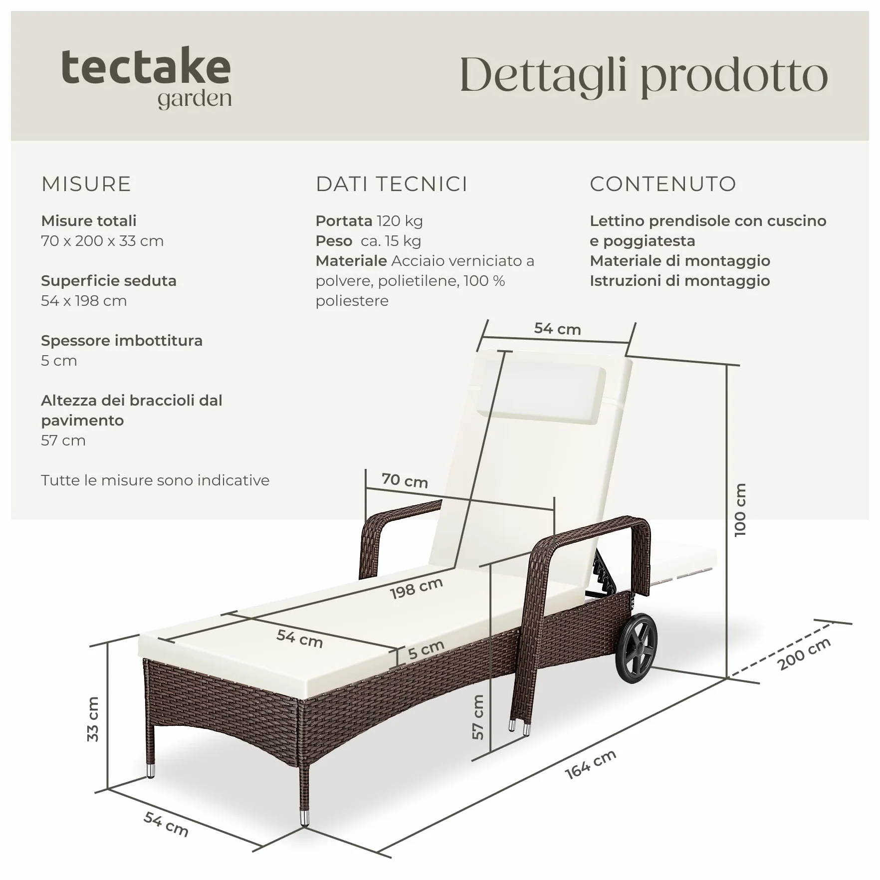 tectake® Lettino Poly Rattan Arredo Esterno Giardino, Sdraio Prendisole, Sdraio da Giardino, Terrazzo, Balcone, Sdraio piscina, Ruote Gommate, Arredo Interno Divano Sedia - Marrone Misto